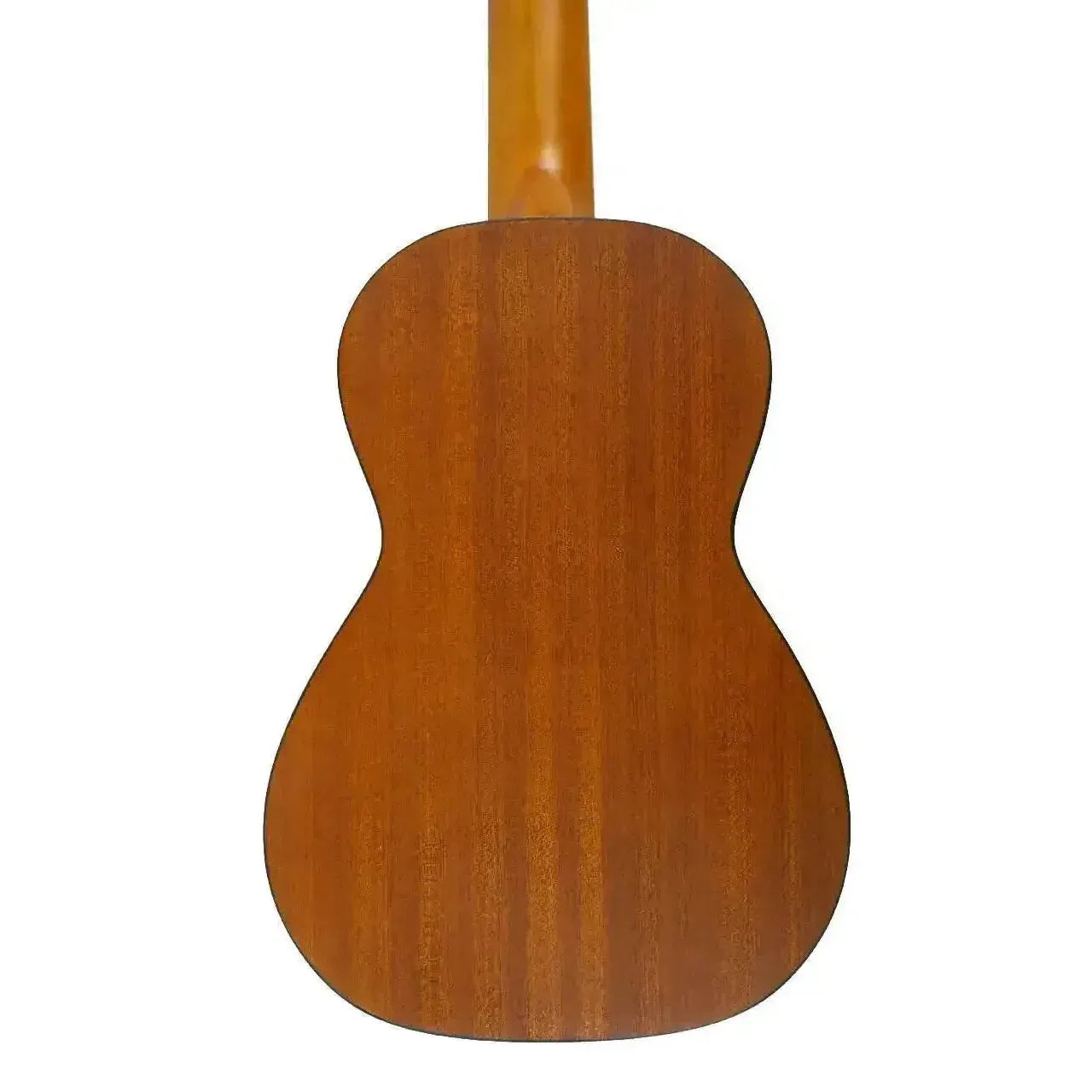 Back of an Ohana CK-14E Mahogany Concert Ukulele with a smooth satin finish and black binding.