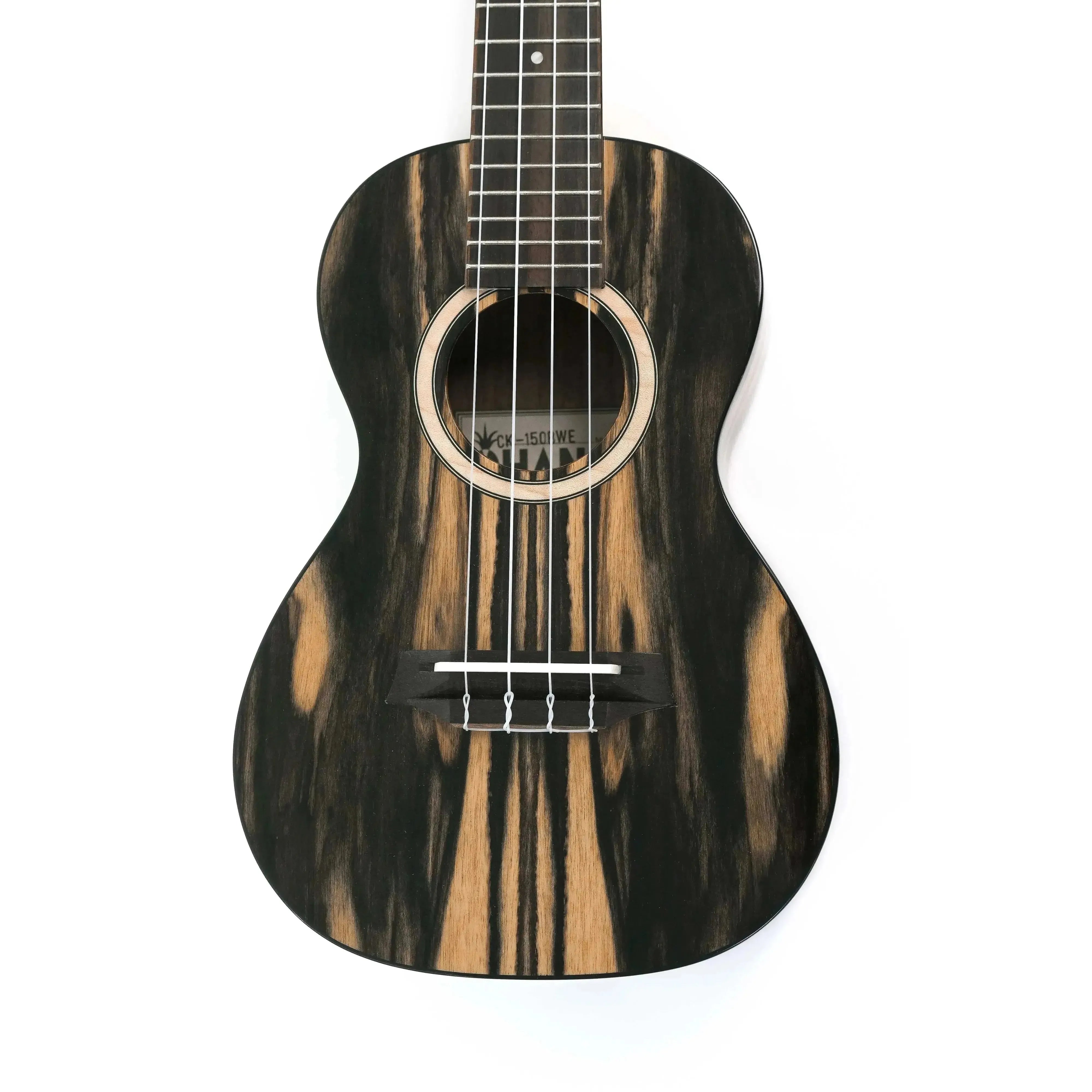 Ohana CK-150BWE Concert Ukulele with black and white ebony wood grain, abalone rosette, and black binding.