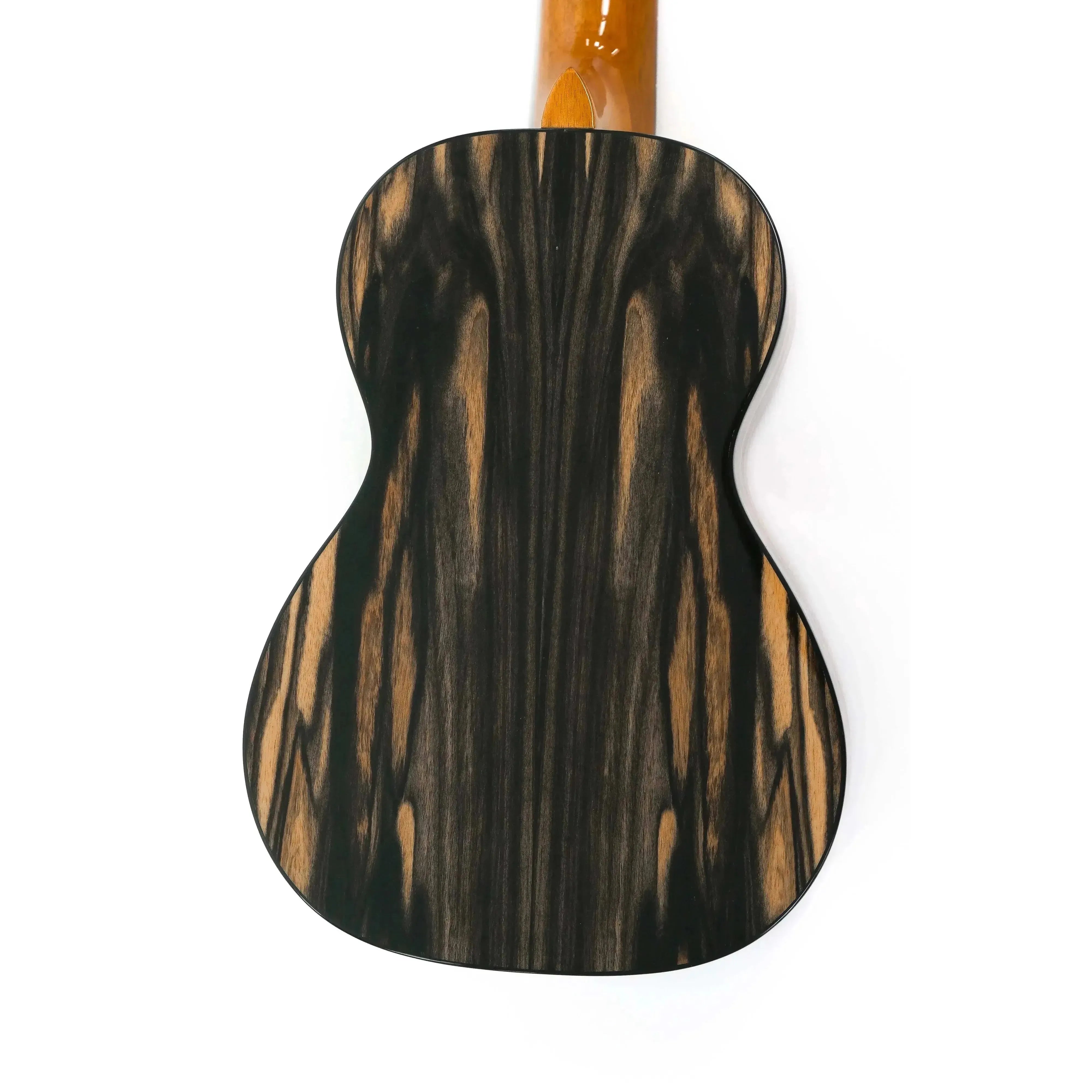 Ohana CK-150BWE Concert Ukulele, back view, showcasing black and white ebony wood grain.