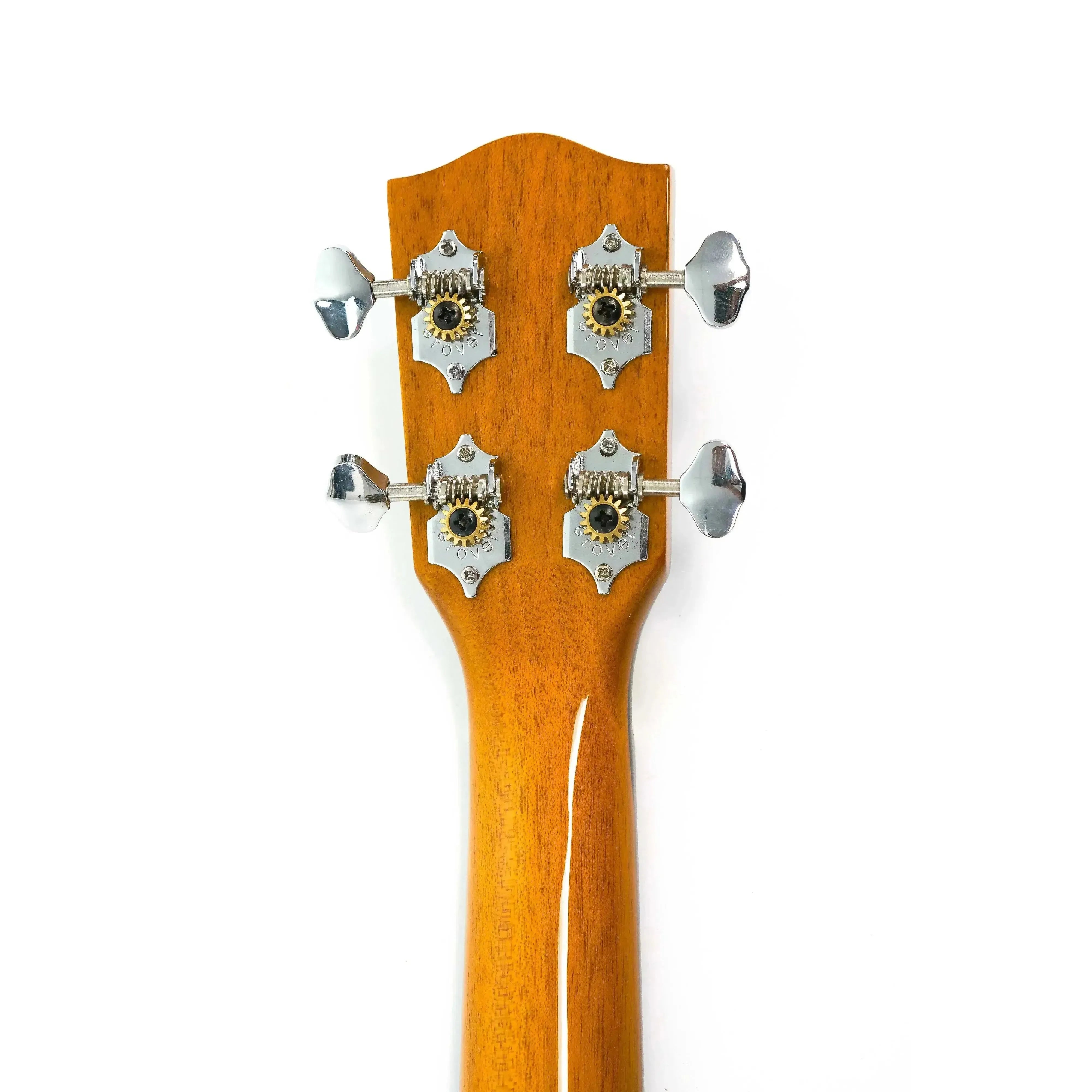 Ohana CK-150BWE Concert Ukulele headstock with gold Grover tuners and black buttons.