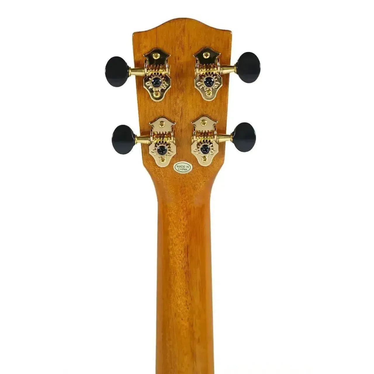 Ohana CK-150QEL Concert Ukulele headstock with gold Grover tuners and black buttons.