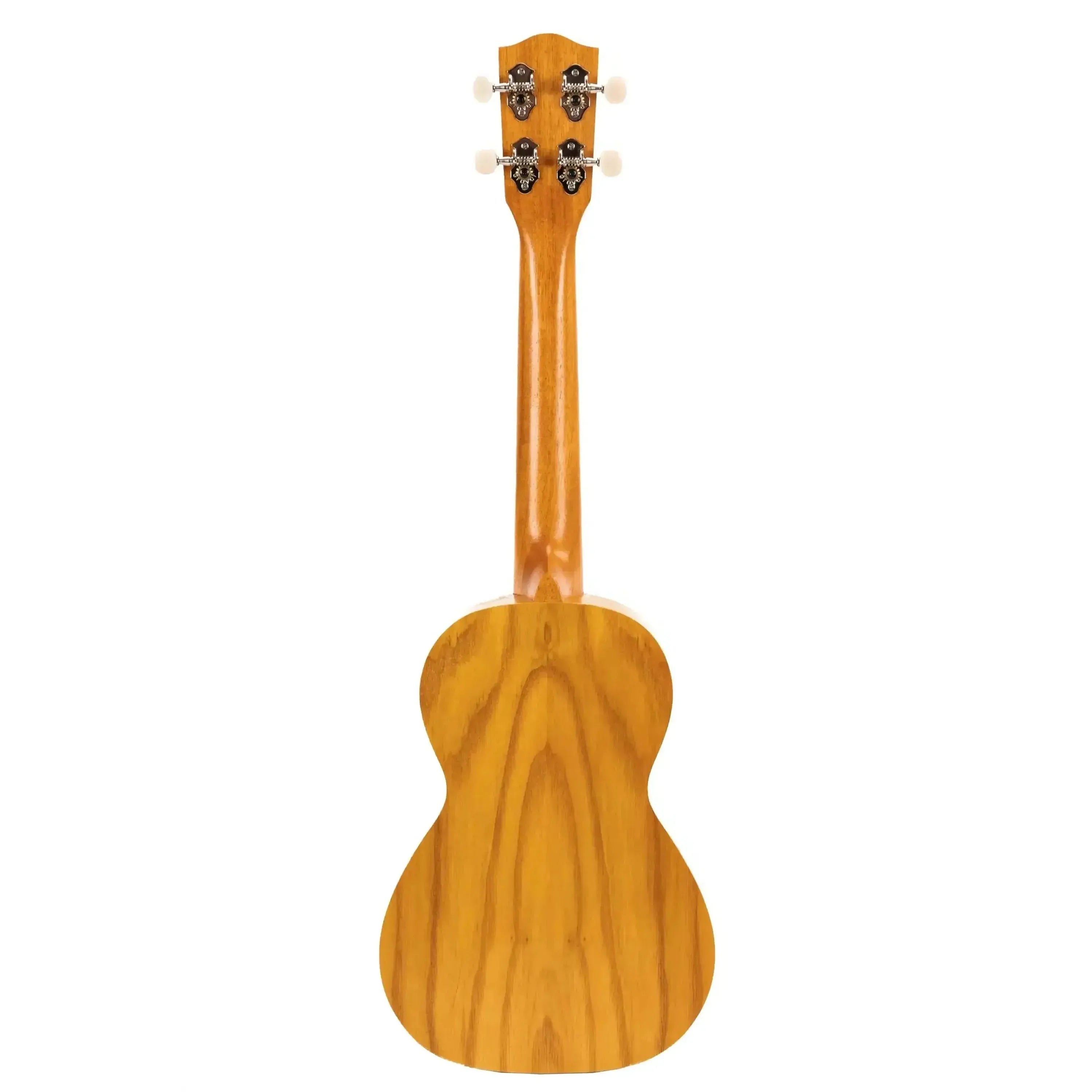 Back of Ohana CK-15W Willow Concert Ukulele, showing light brown wood grain, mahogany neck, and Grover tuners.