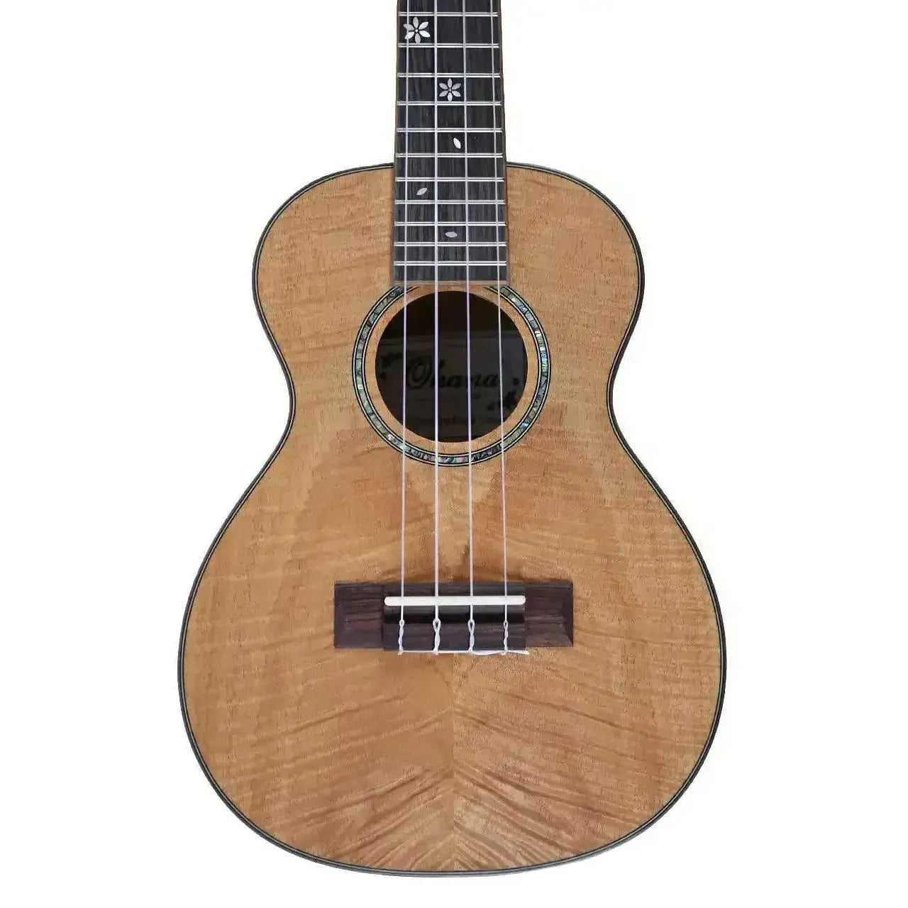 Ohana CK-18OM Concert Ukulele with exotic okoume wood, satin finish, and floral fretboard inlay.