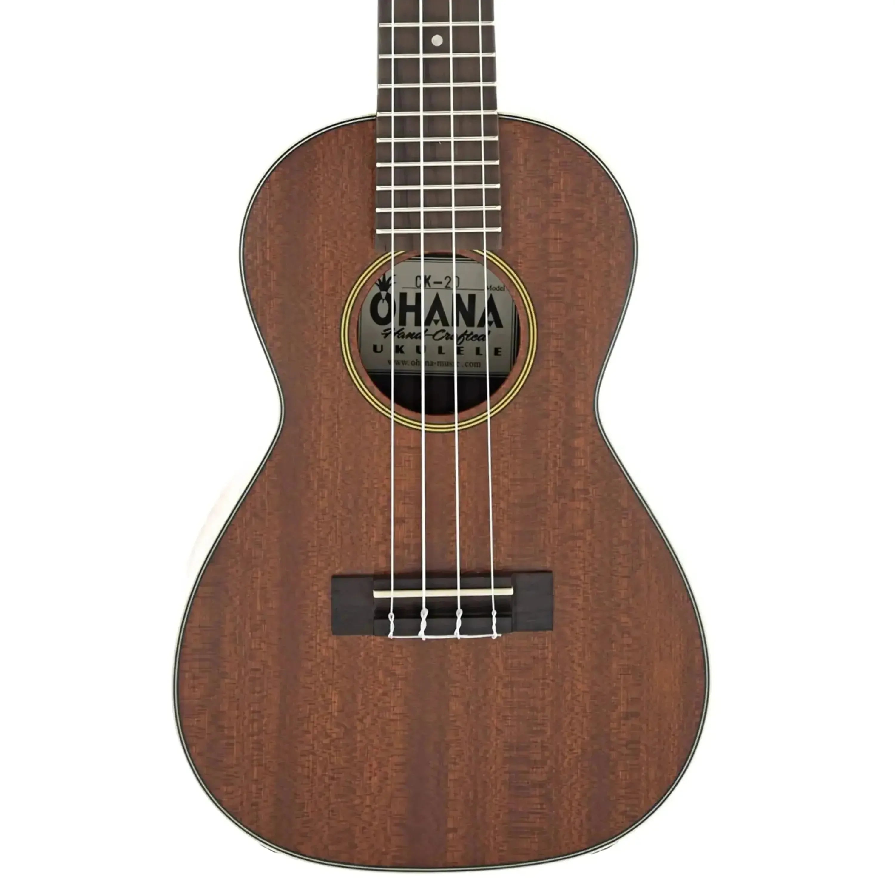 Ohana CK-20 Concert Ukulele with solid mahogany top, satin finish, and cream body binding.