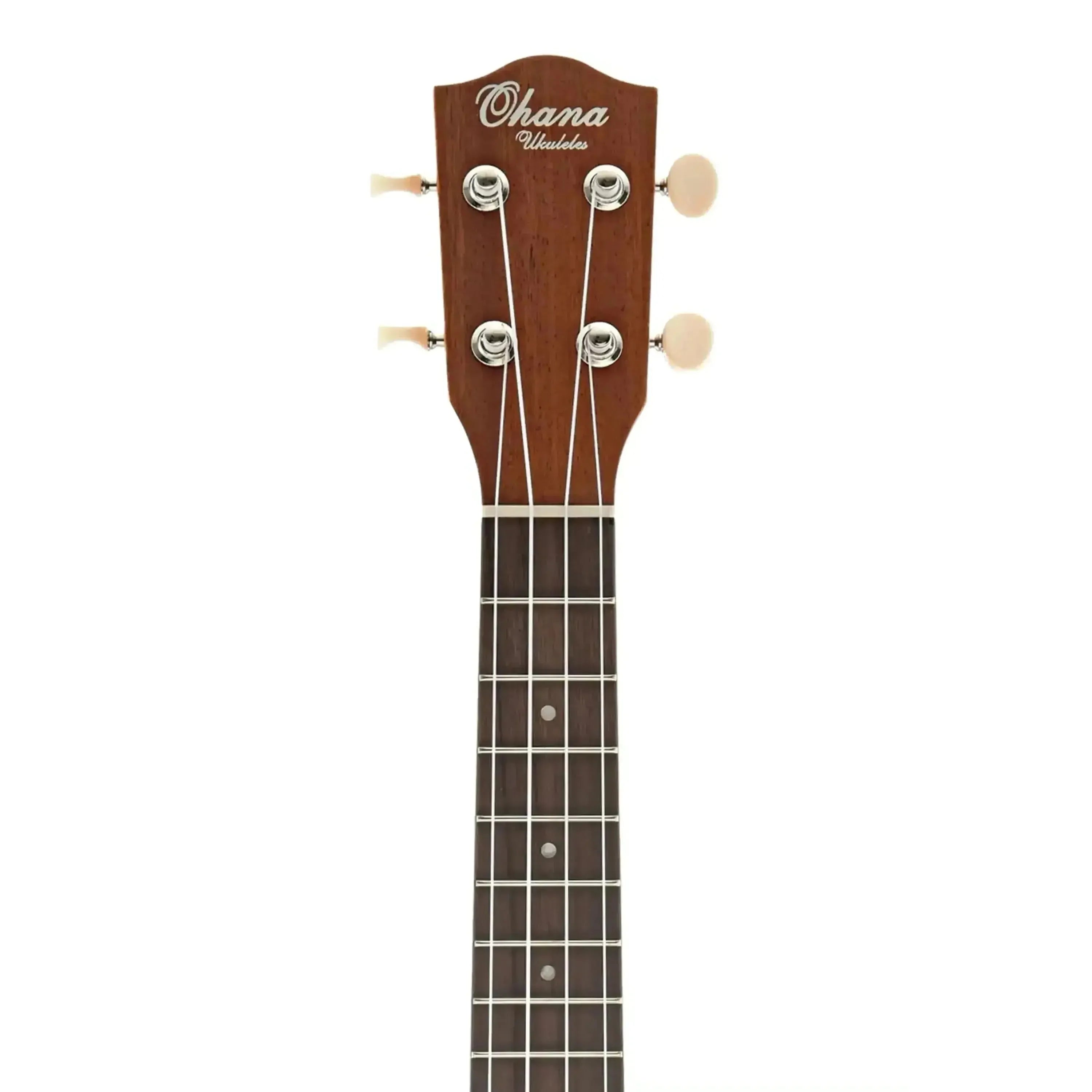 Ohana CK-20 Concert Ukulele headstock and fretboard, showing mahogany wood, Grover tuners, and pearloid dot markers.