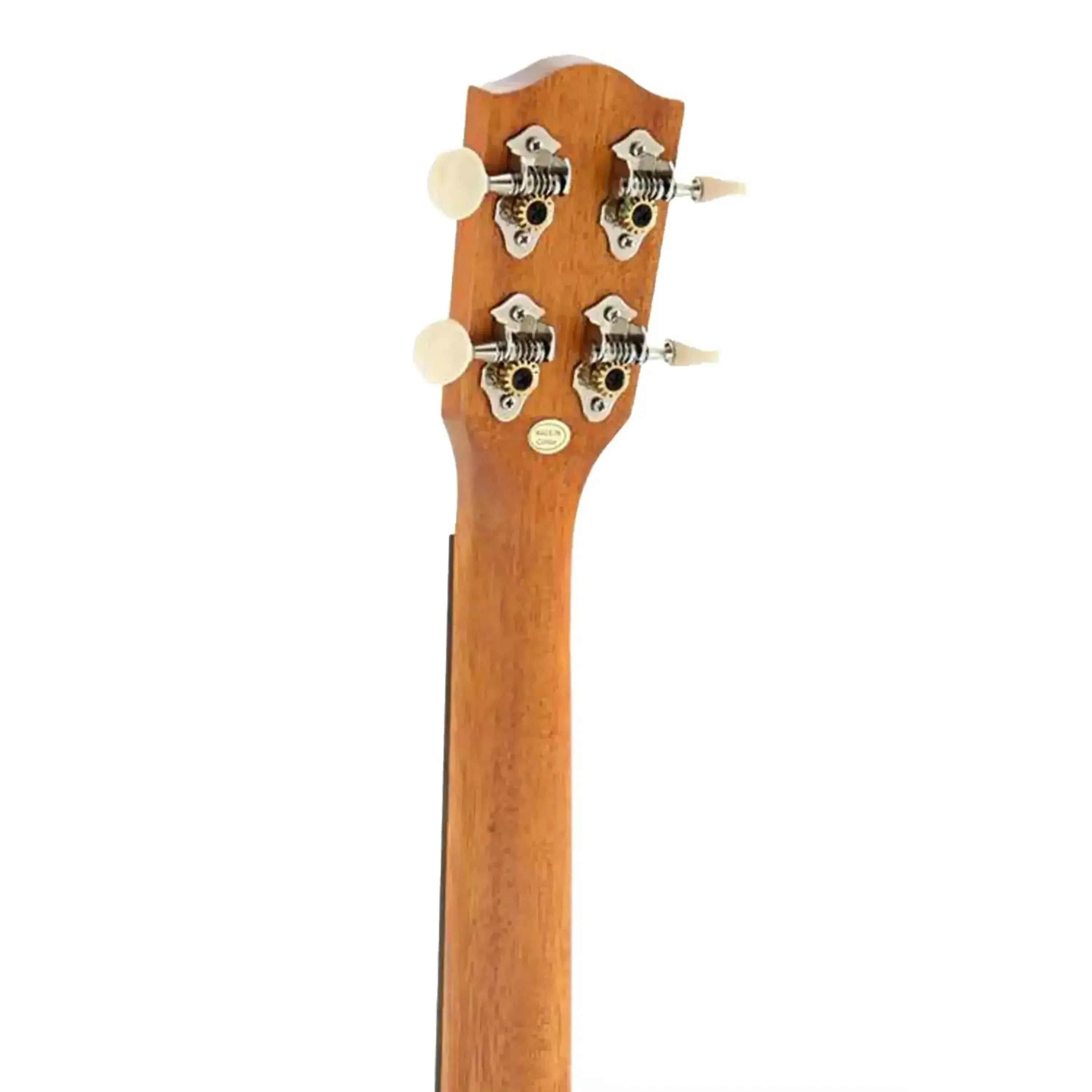 Back of Ohana CK-20 Concert Ukulele headstock and neck, showing Grover chrome tuners with cream buttons.