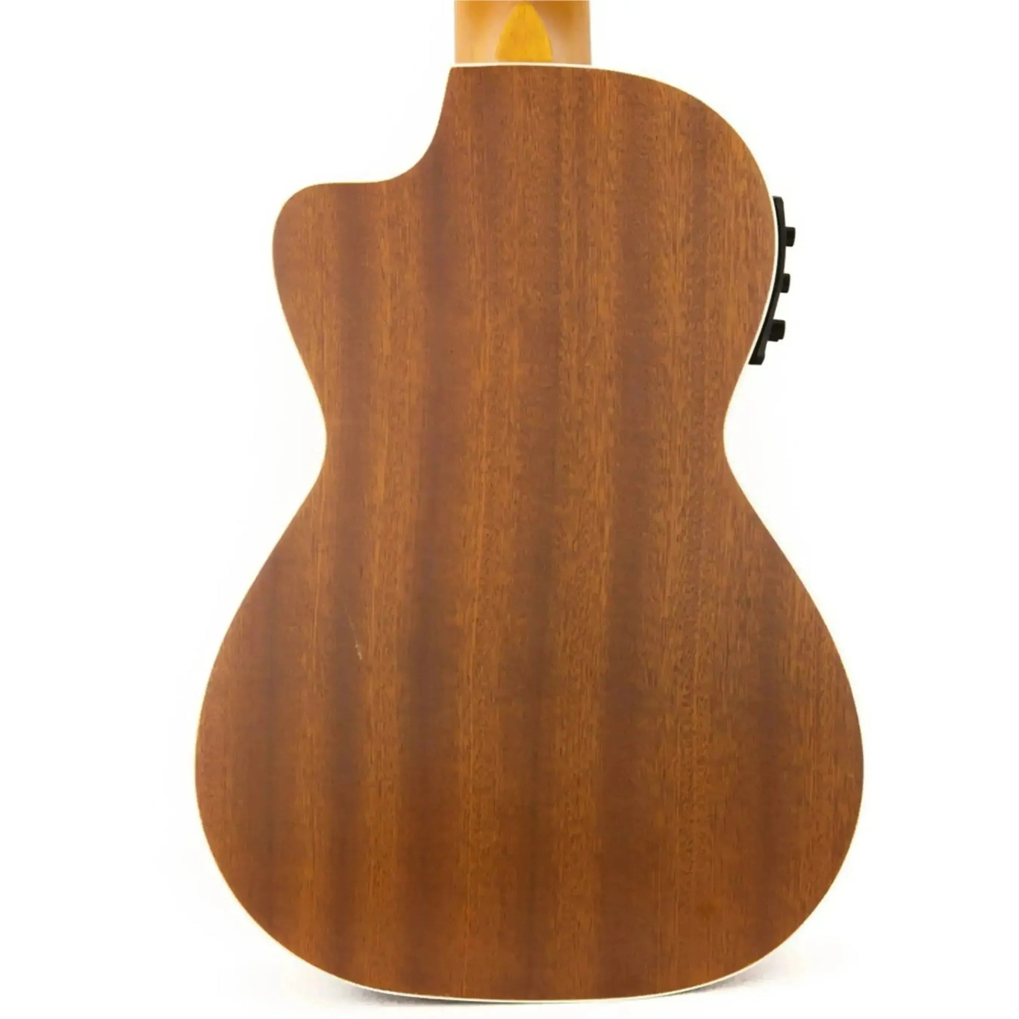 Ohana CK-20CE Mahogany Concert Ukulele back with cutaway and pickup controls.