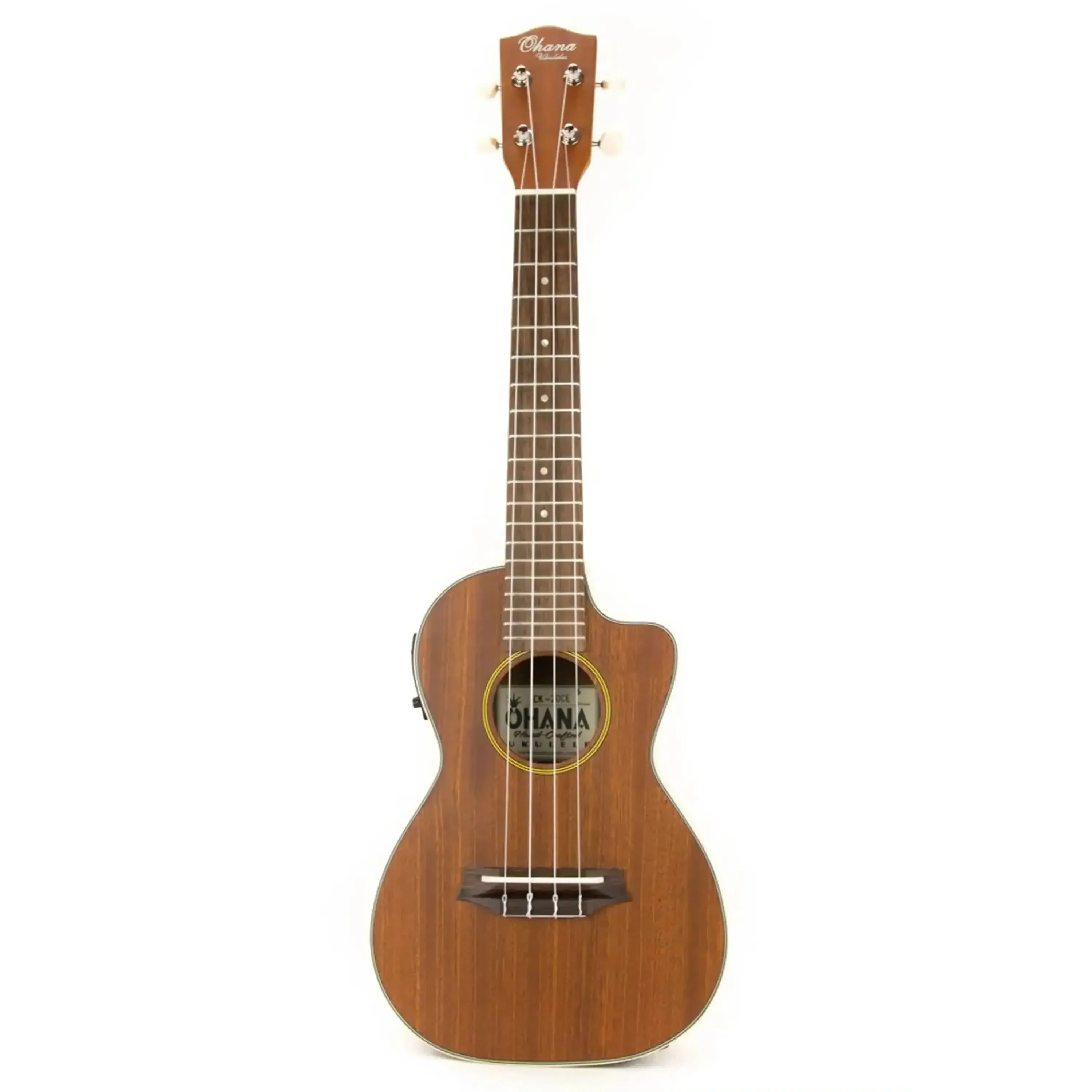Ohana CK-20CE Mahogany Concert Ukulele with cutaway, cream binding, and pickup.