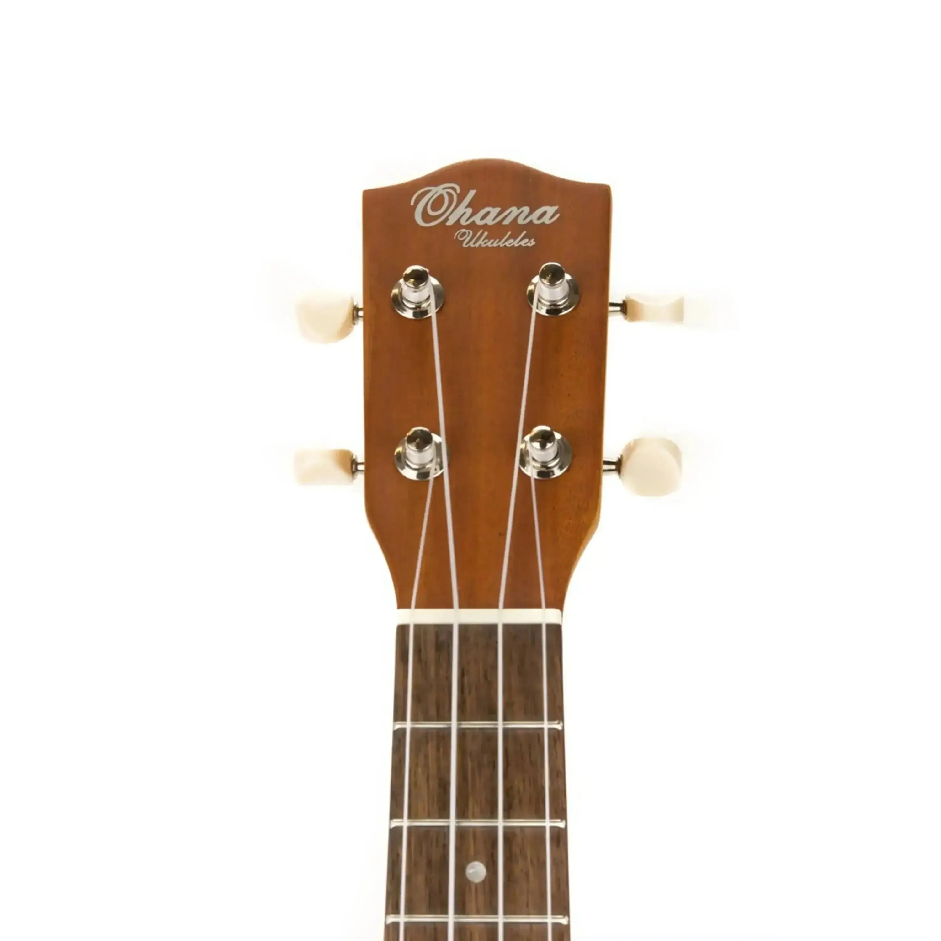 Ohana CK-20CE Mahogany Concert Ukulele headstock with Grover chrome tuners and white buttons.