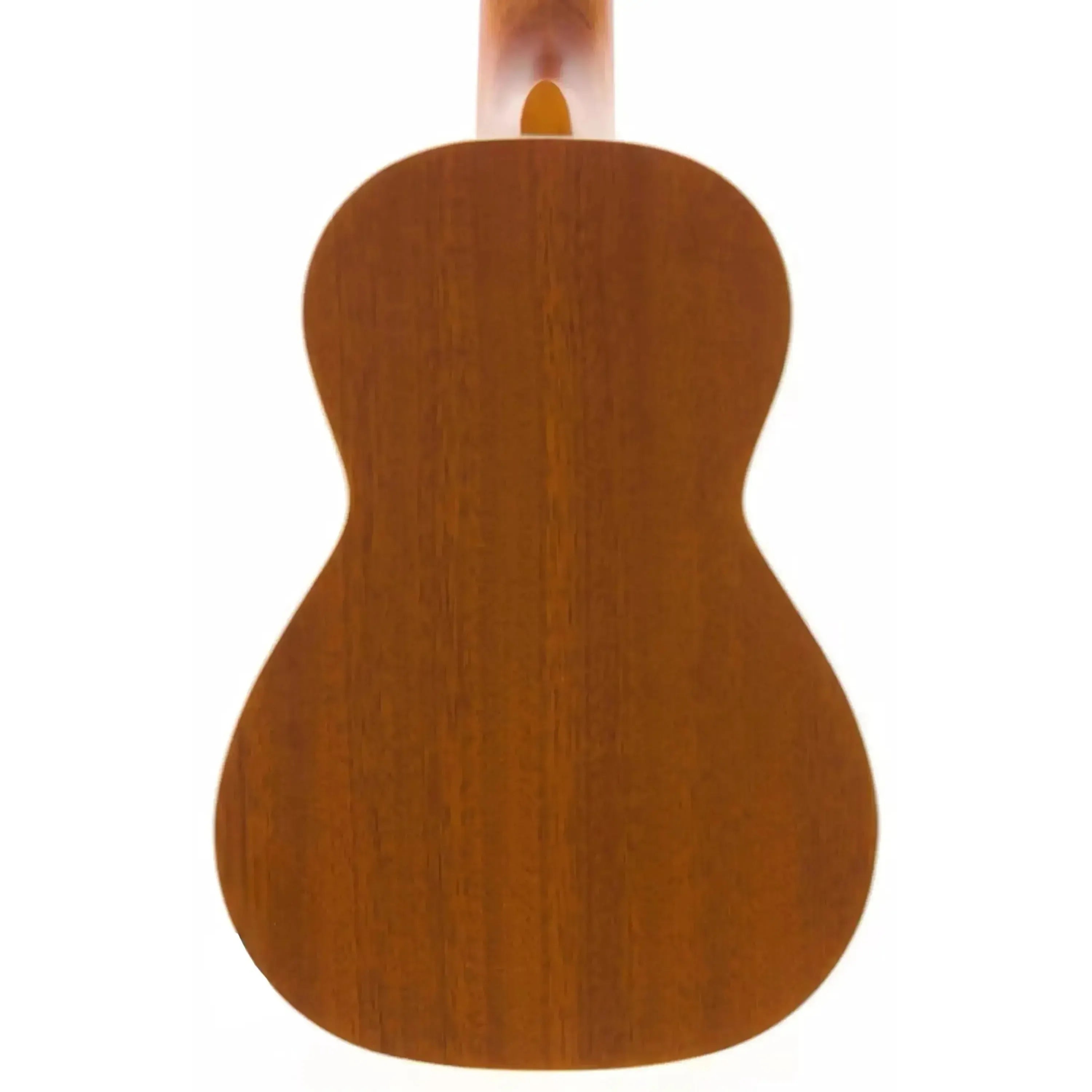 Back of an Ohana CK-22 Concert Ukulele, showing its mahogany laminate back and satin finish.