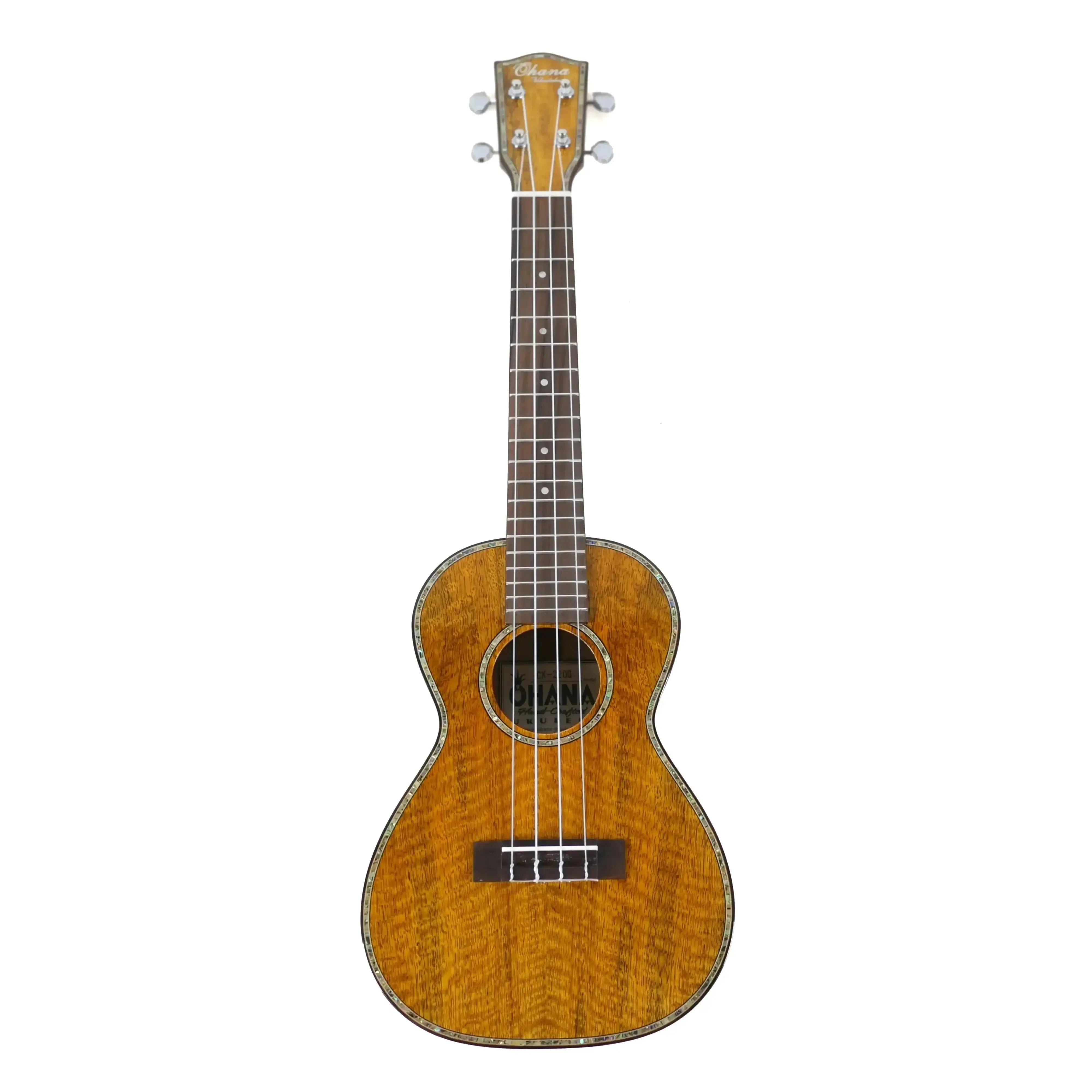Ohana CK-220G Solid Mango Concert Ukulele with glossy finish, abalone rosette, and chrome tuners.