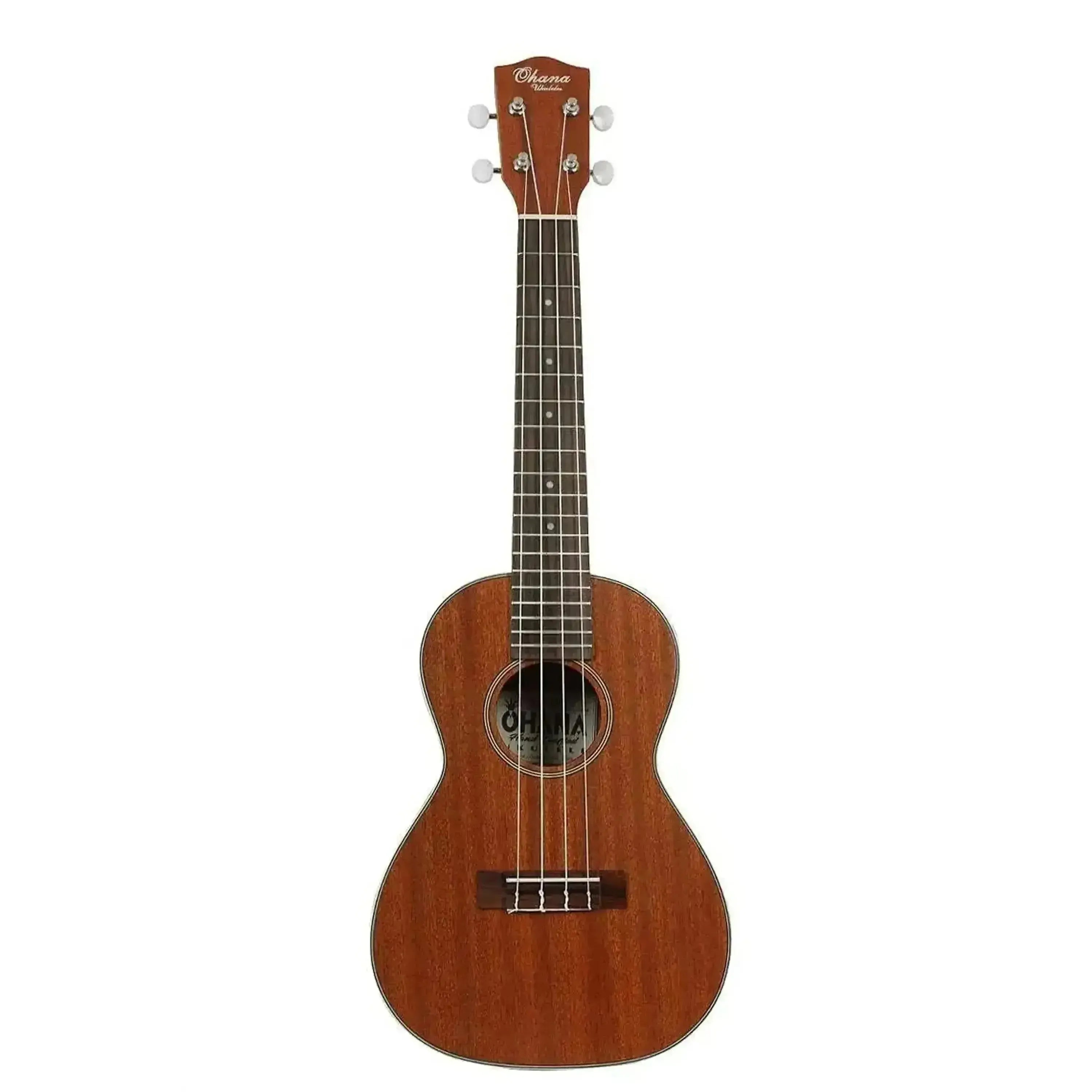 Ohana CK-25 Solid Mahogany Concert Ukulele with satin finish, black-and-white rosette, and Grover tuners.