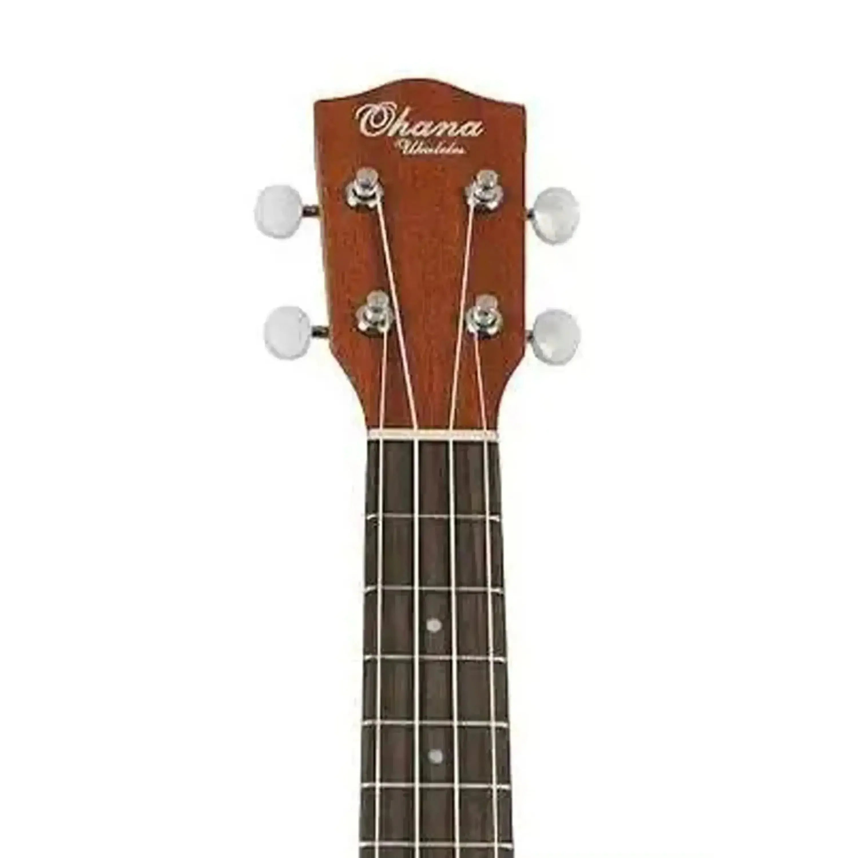 Ohana CK-25 concert ukulele headstock and fretboard, showing mahogany wood, Grover tuners, and white fret markers.