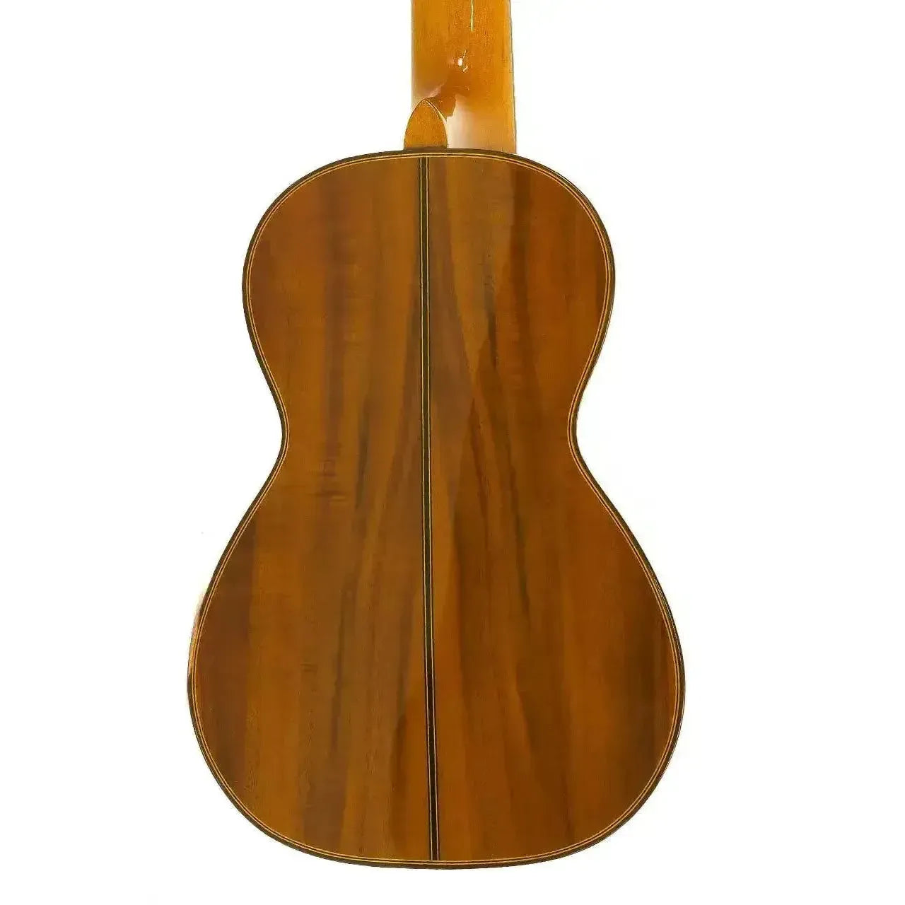 Ohana CK-250G Concert Ukulele back, showing glossy acacia wood with mahogany binding and center stripe.