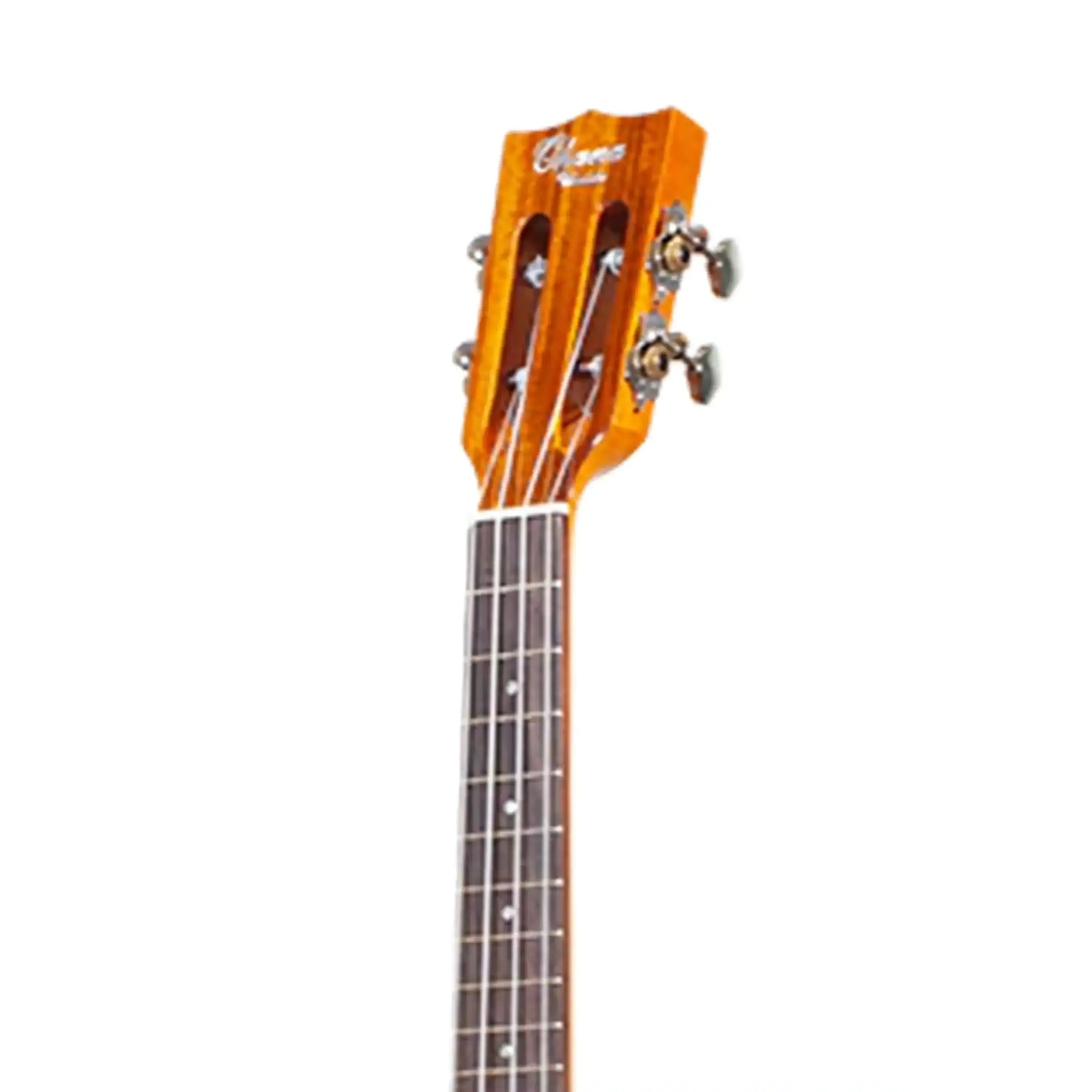 Ohana CK-250GCE concert ukulele headstock and neck with slotted headstock, Grover tuners, and pearloid dots.