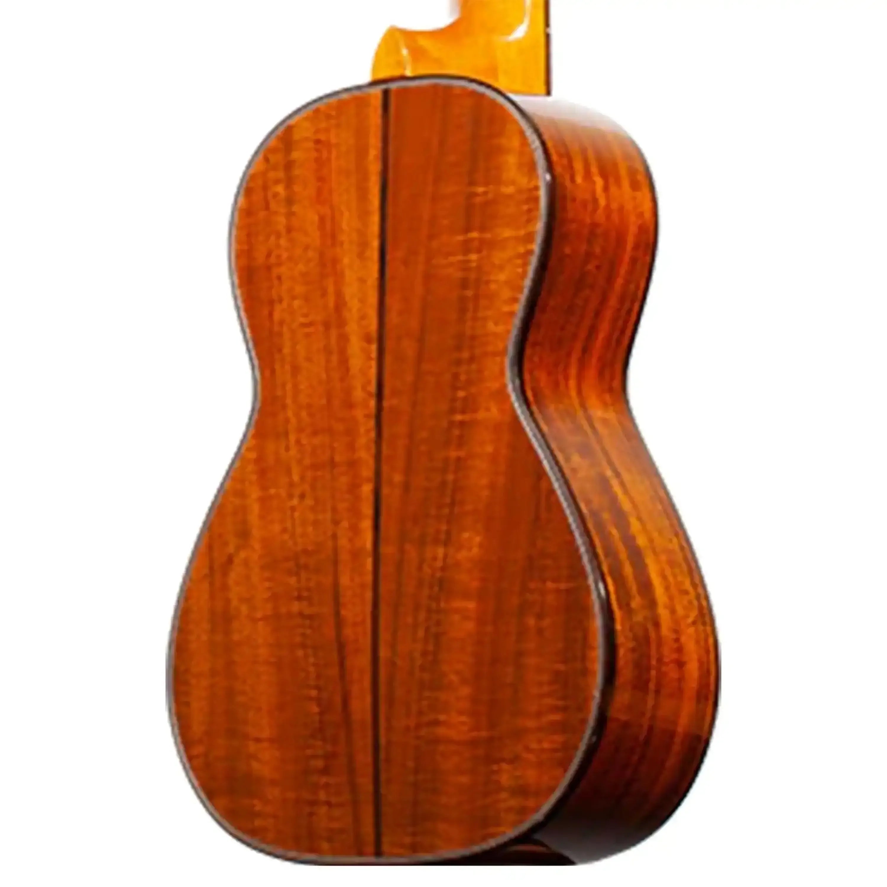 Back of Ohana CK-250GCE concert ukulele, showing solid acacia wood with glossy finish and mahogany binding.