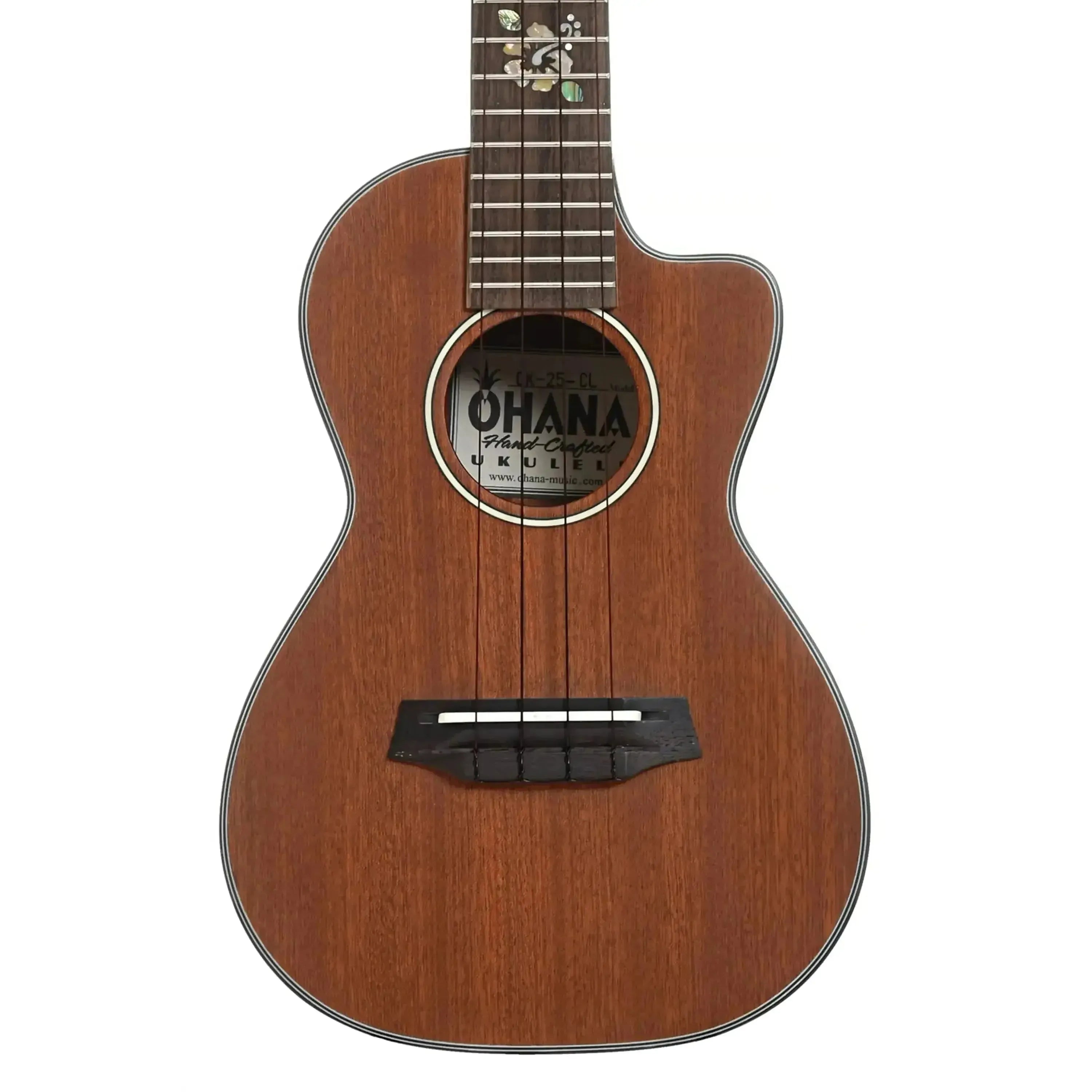 Ohana CK-25C-CL Cynthia Lin mahogany concert ukulele with cutaway, floral inlay, and soundhole label.