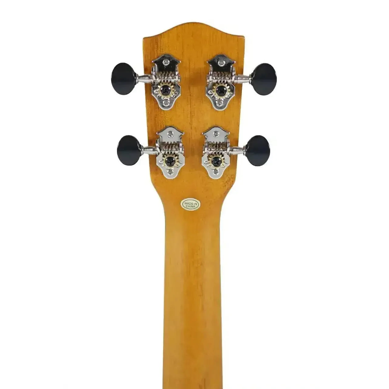 Ohana CK-25CE-CL Cynthia Lin concert ukulele headstock and neck, light mahogany wood with black tuners.