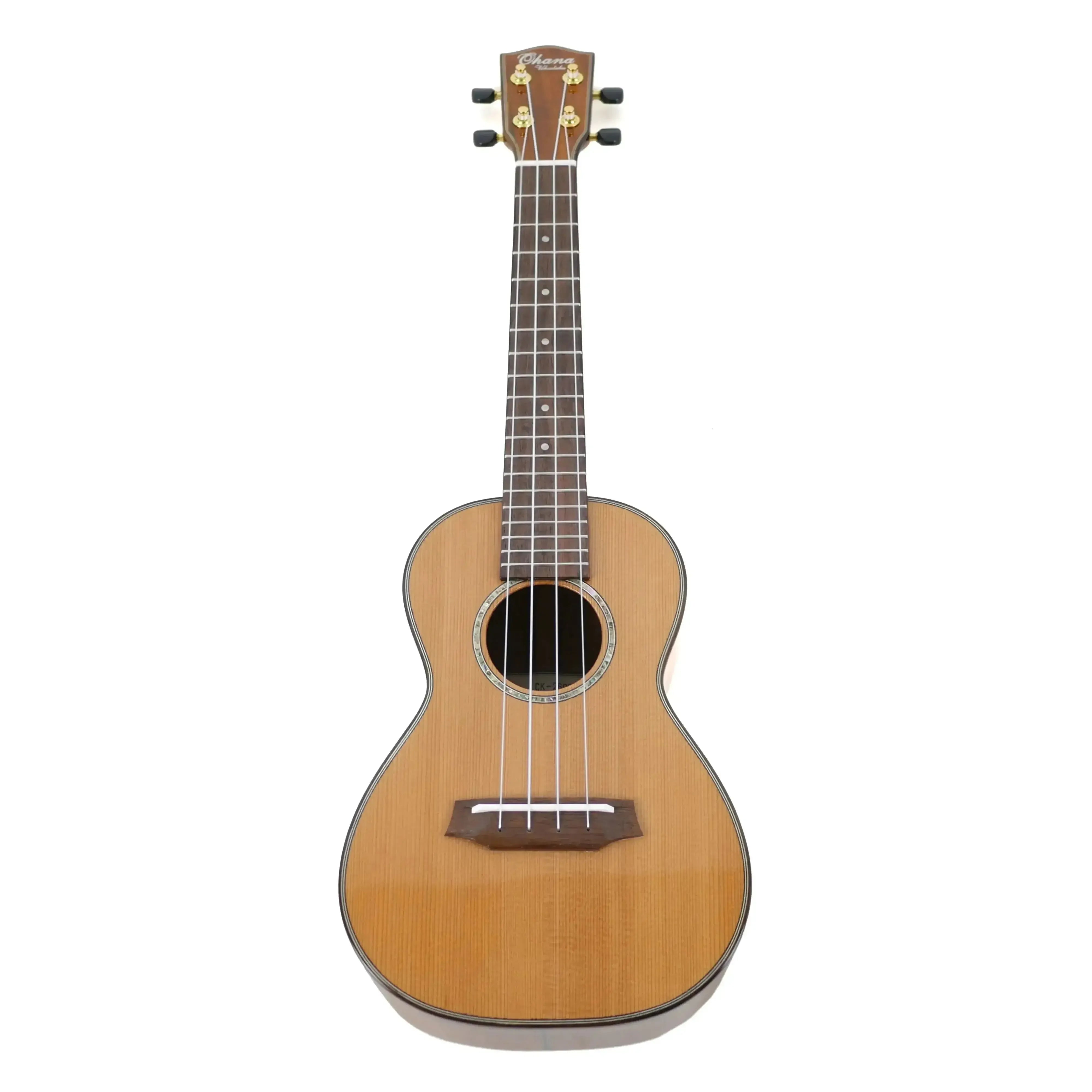 Ohana CK-260G concert ukulele with a light brown solid cedar top, dark wood fretboard, and abalone rosette.