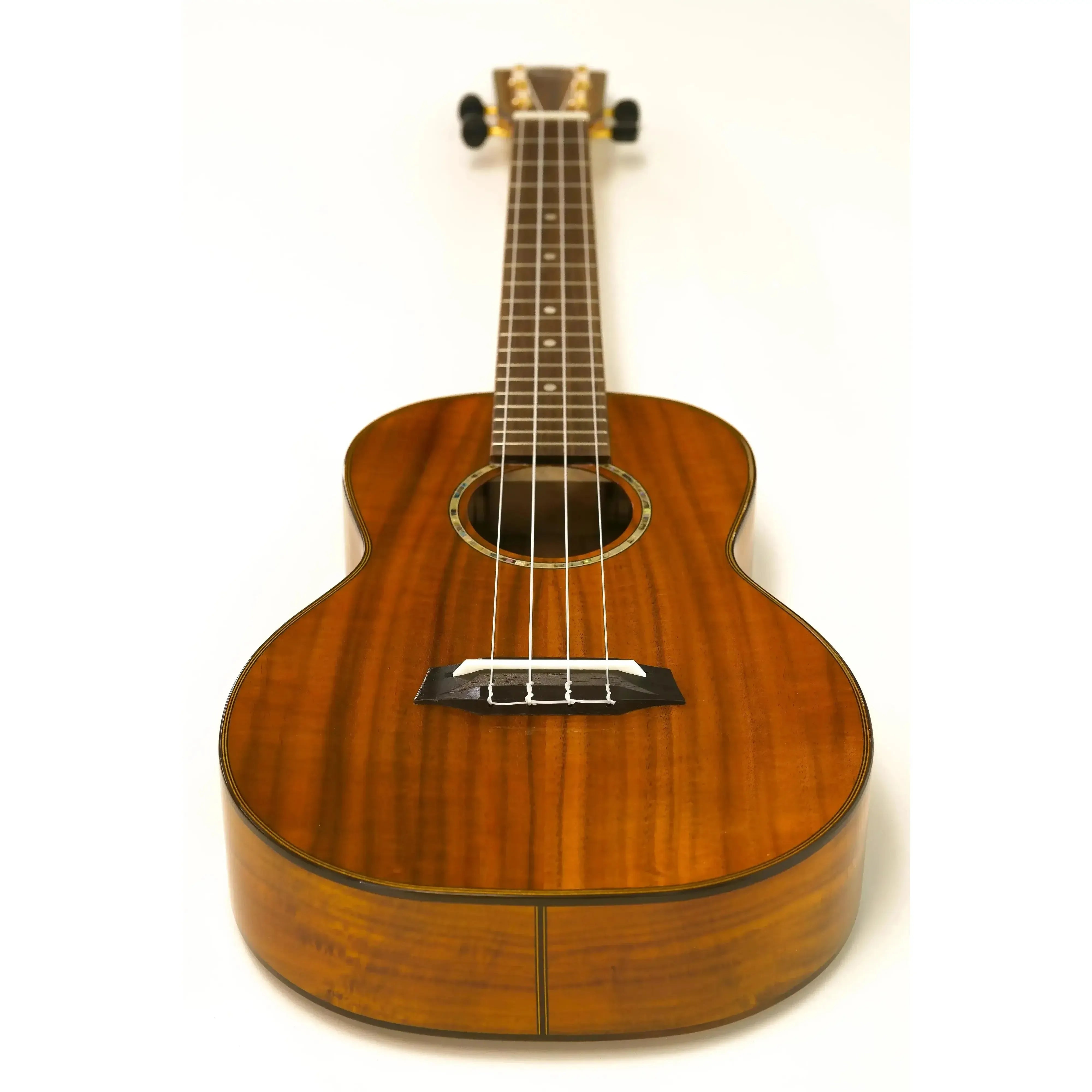 Ohana CK-270G concert ukulele with solid acacia wood, glossy finish, abalone rosette, and pearloid fret markers.