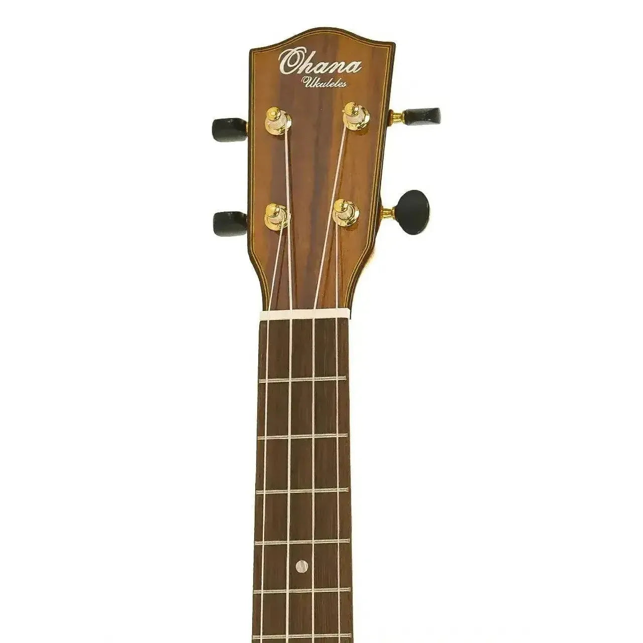 Ohana CK-270G Concert Ukulele headstock and fretboard with gold tuners and pearloid markers.