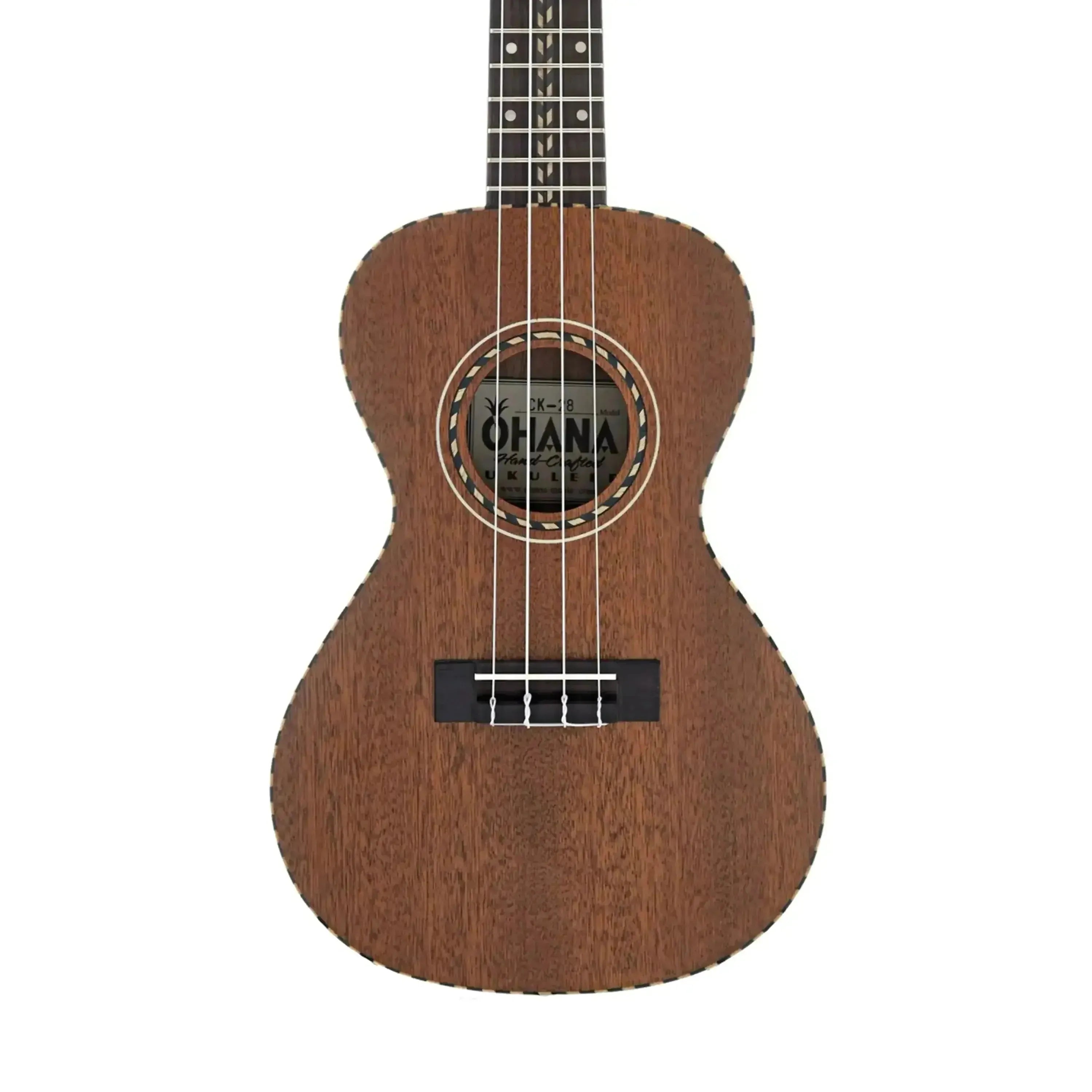 Ohana CK-28 Vintage Line solid mahogany concert ukulele with rope binding and soundhole rosette.