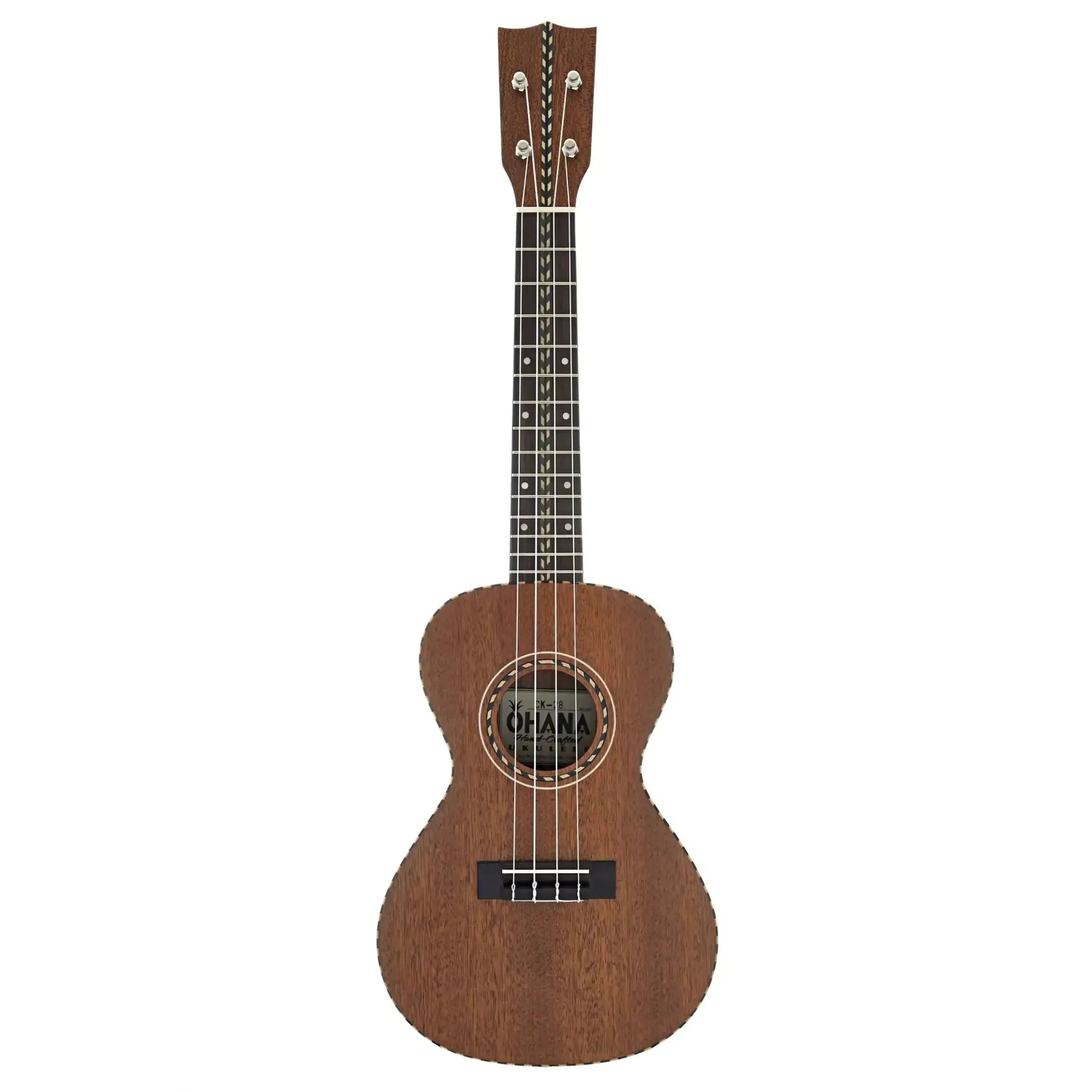 Ohana CK-28 Vintage Line solid mahogany concert ukulele with rope binding and chevron inlay.