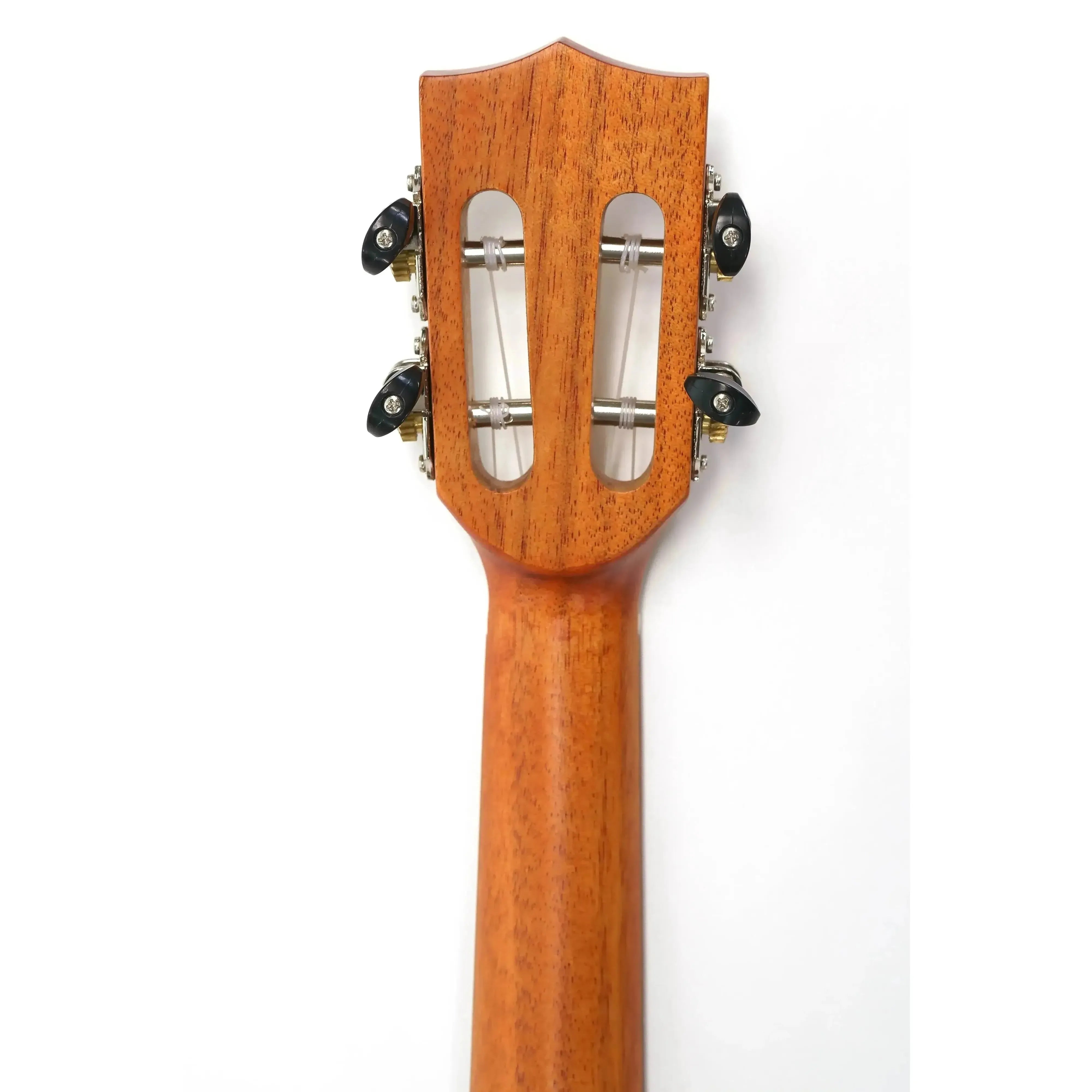 Ohana CK-32 Concert Ukulele's solid mahogany slotted headstock and neck with black tuners.