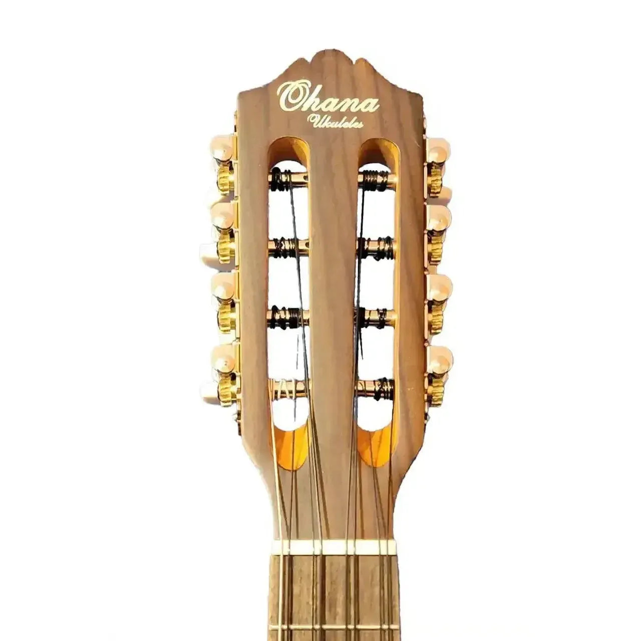 Ohana CK-35-8 8-string concert ukulele headstock with solid mahogany, gold open-geared tuners, and bone nut.