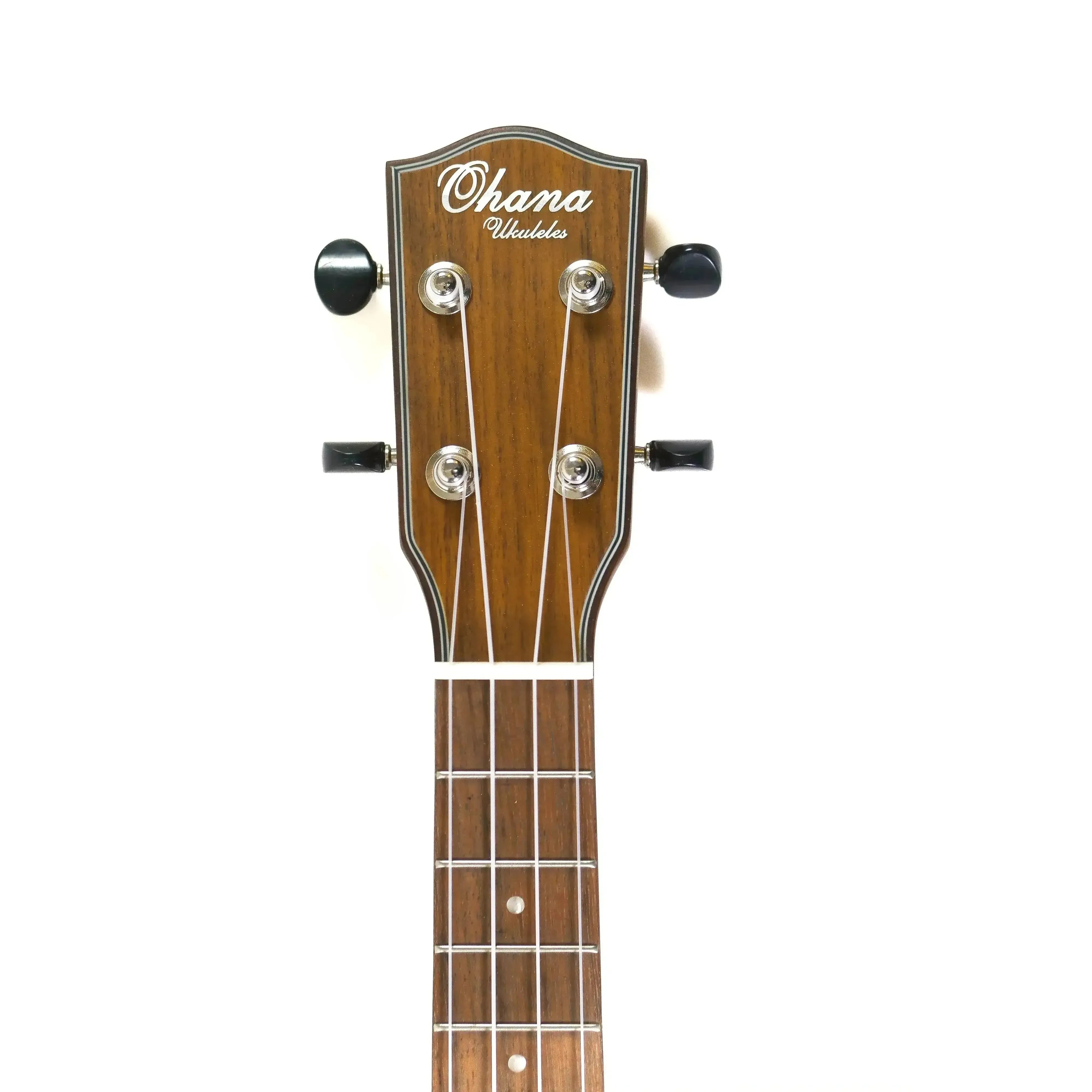 Ohana CK-35 solid mahogany concert ukulele headstock with black tuning pegs and white logo.