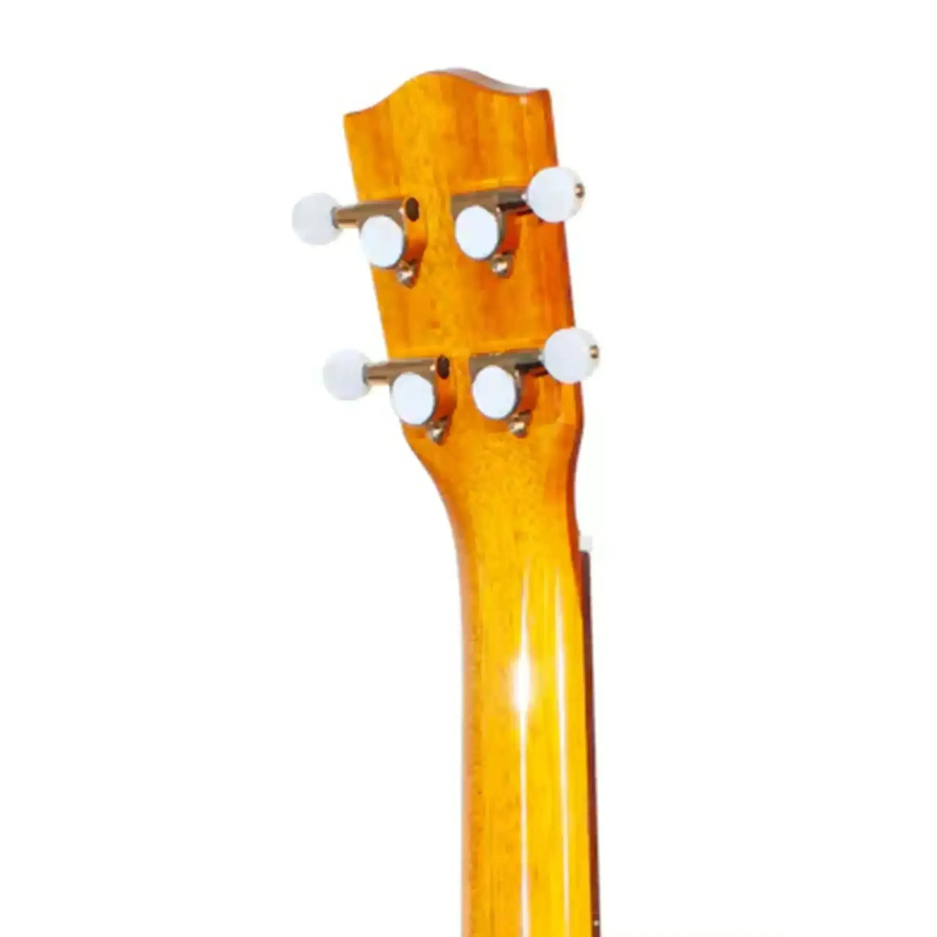 Ohana CK-350G Solid Koa Concert Ukulele headstock and neck, showing Grover geared tuners with white buttons.