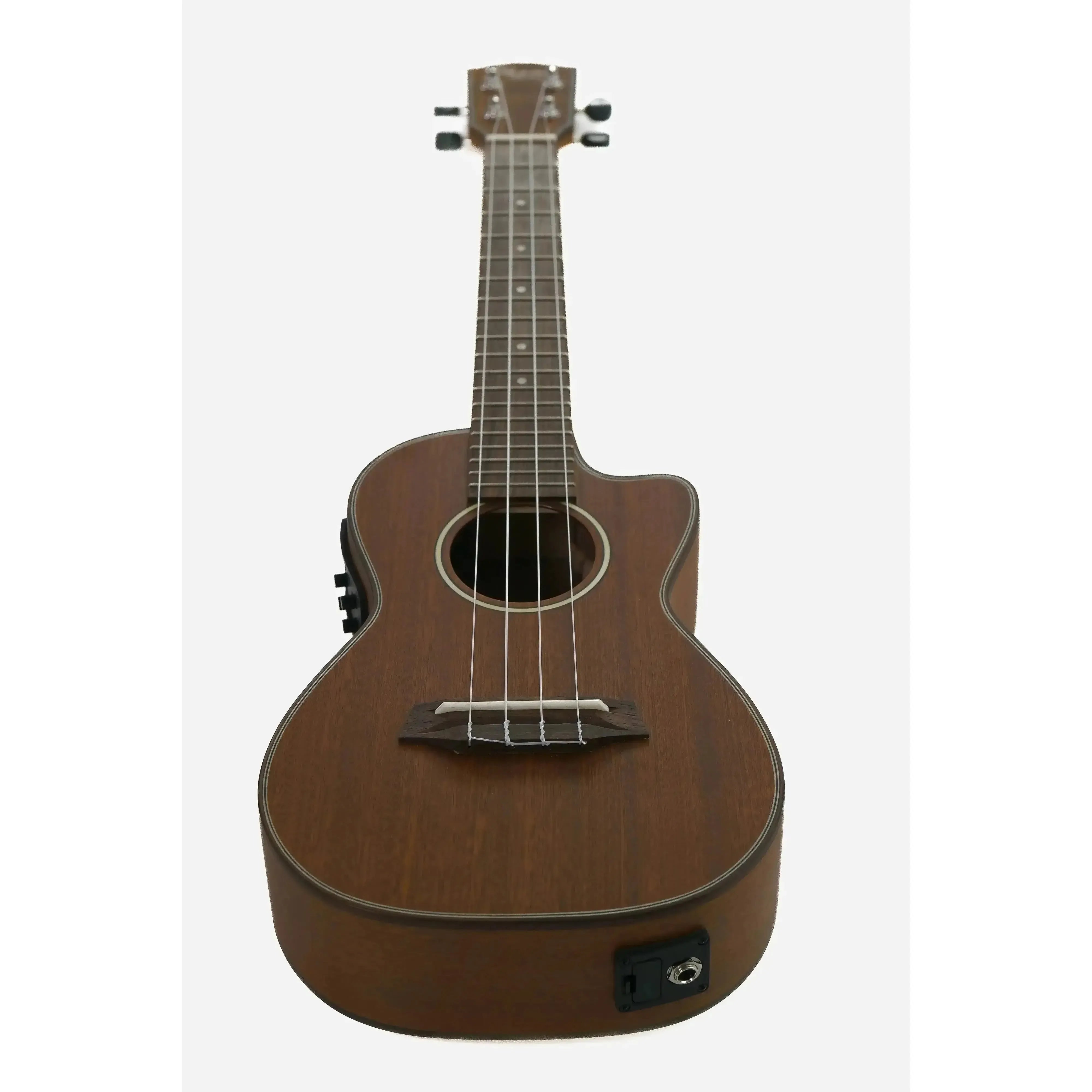 Ohana CK-35CE solid mahogany concert ukulele with cutaway and EQ, angled view.