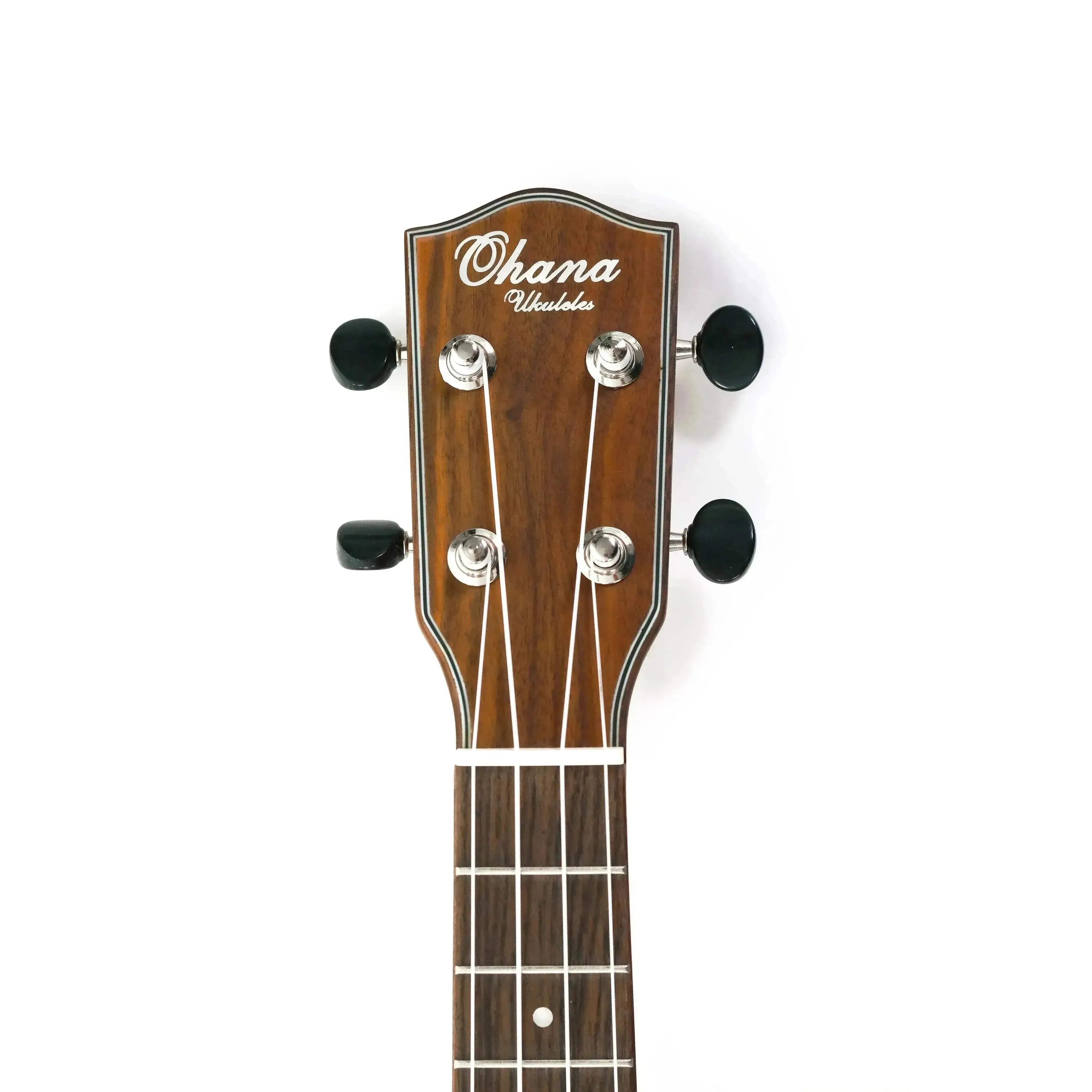 Ohana CK-35CE solid mahogany concert ukulele headstock with black tuning pegs and white strings.