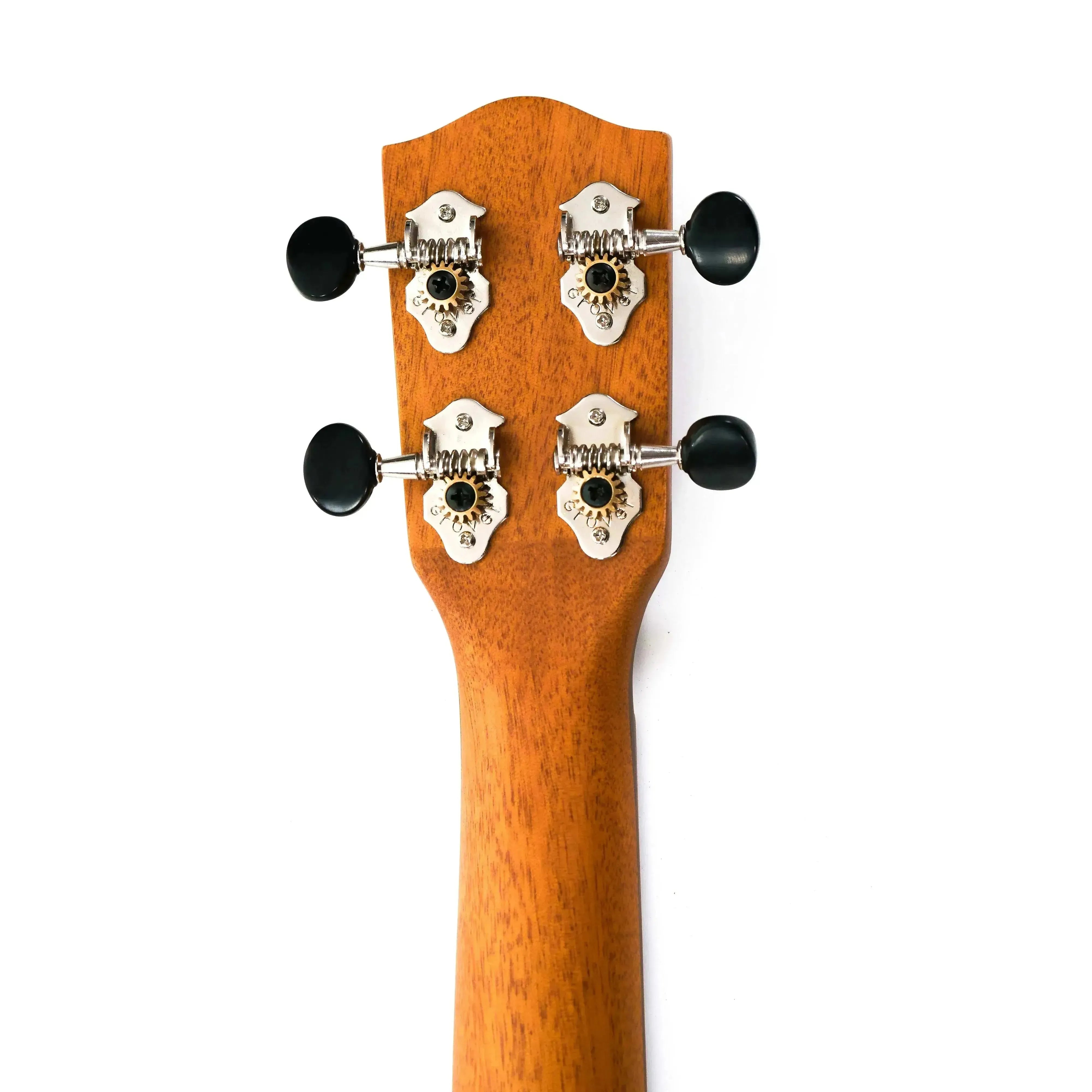 Back of an Ohana CK-35CE concert ukulele headstock and neck, showing mahogany wood and black tuners.