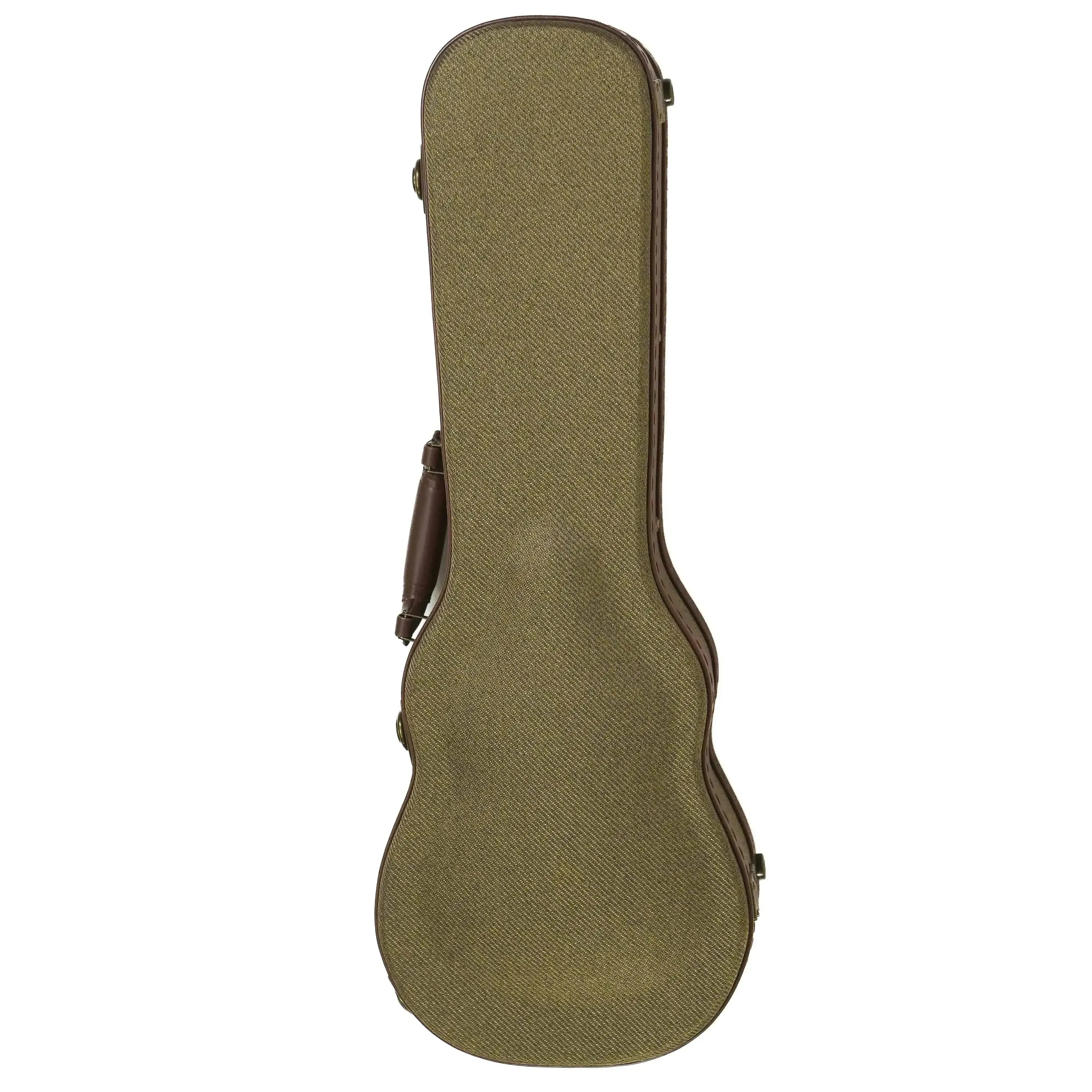 Ohana ukulele hard case, olive green textured fabric with brown leather trim and handle.