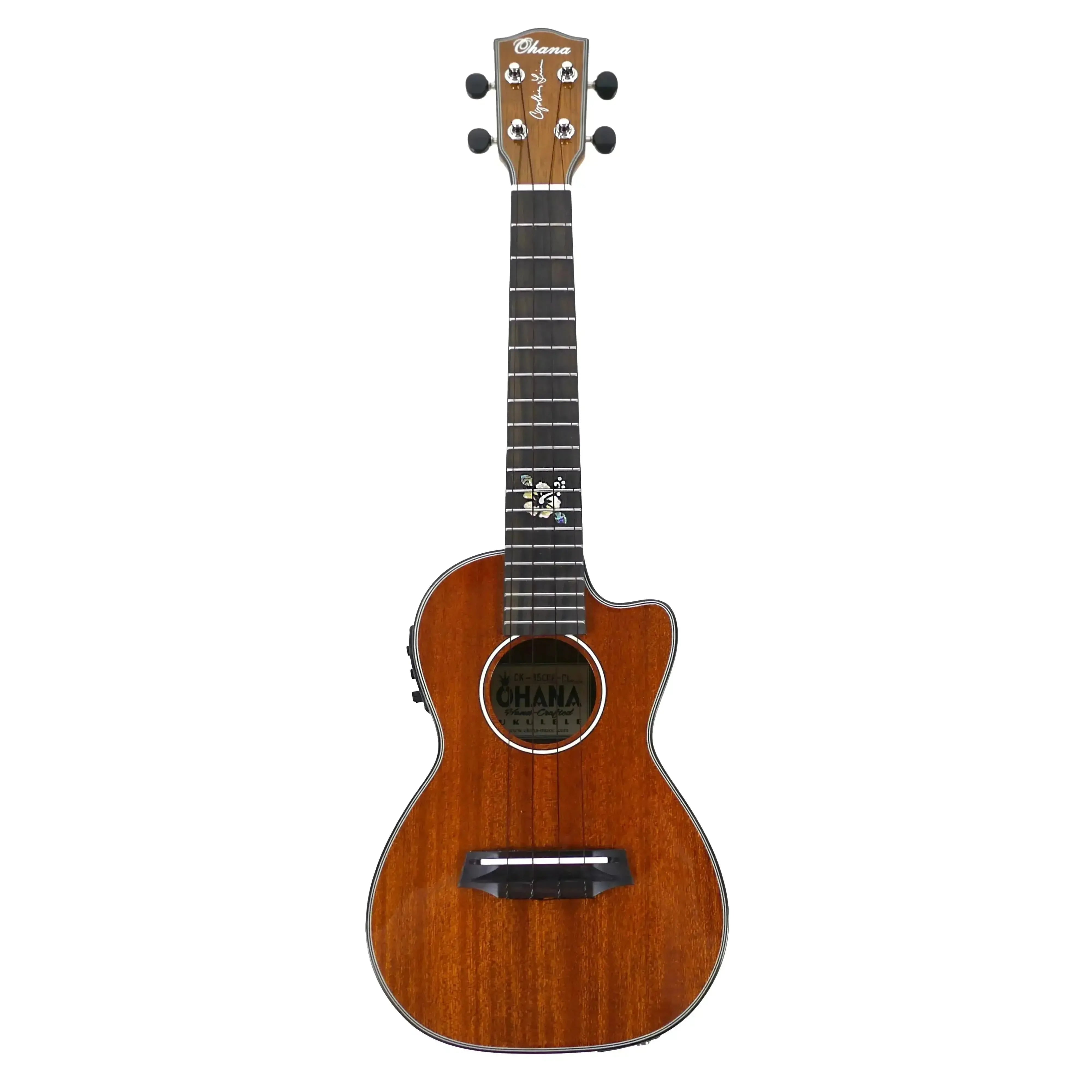 Ohana CK-35CGE-CL Cynthia Lin Concert Ukulele with solid mahogany body, gloss finish, and cutaway.