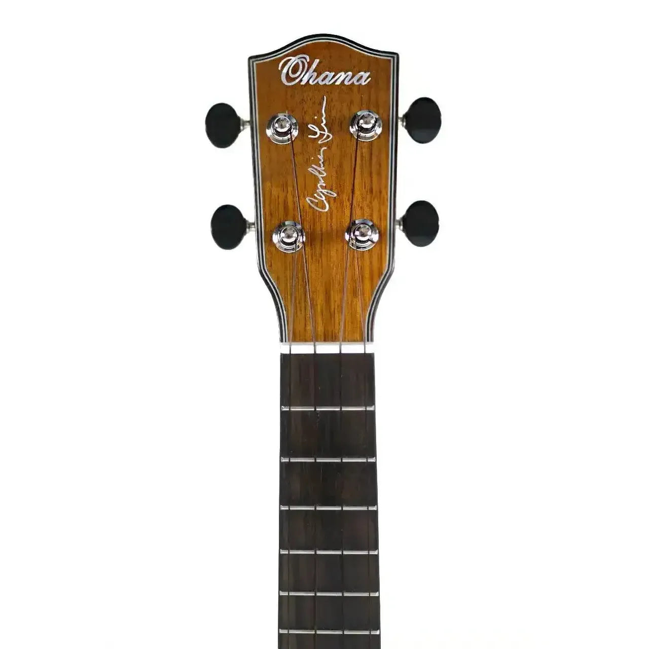 Ohana Cynthia Lin Concert Ukulele headstock with mahogany finish, black tuners, and signature.
