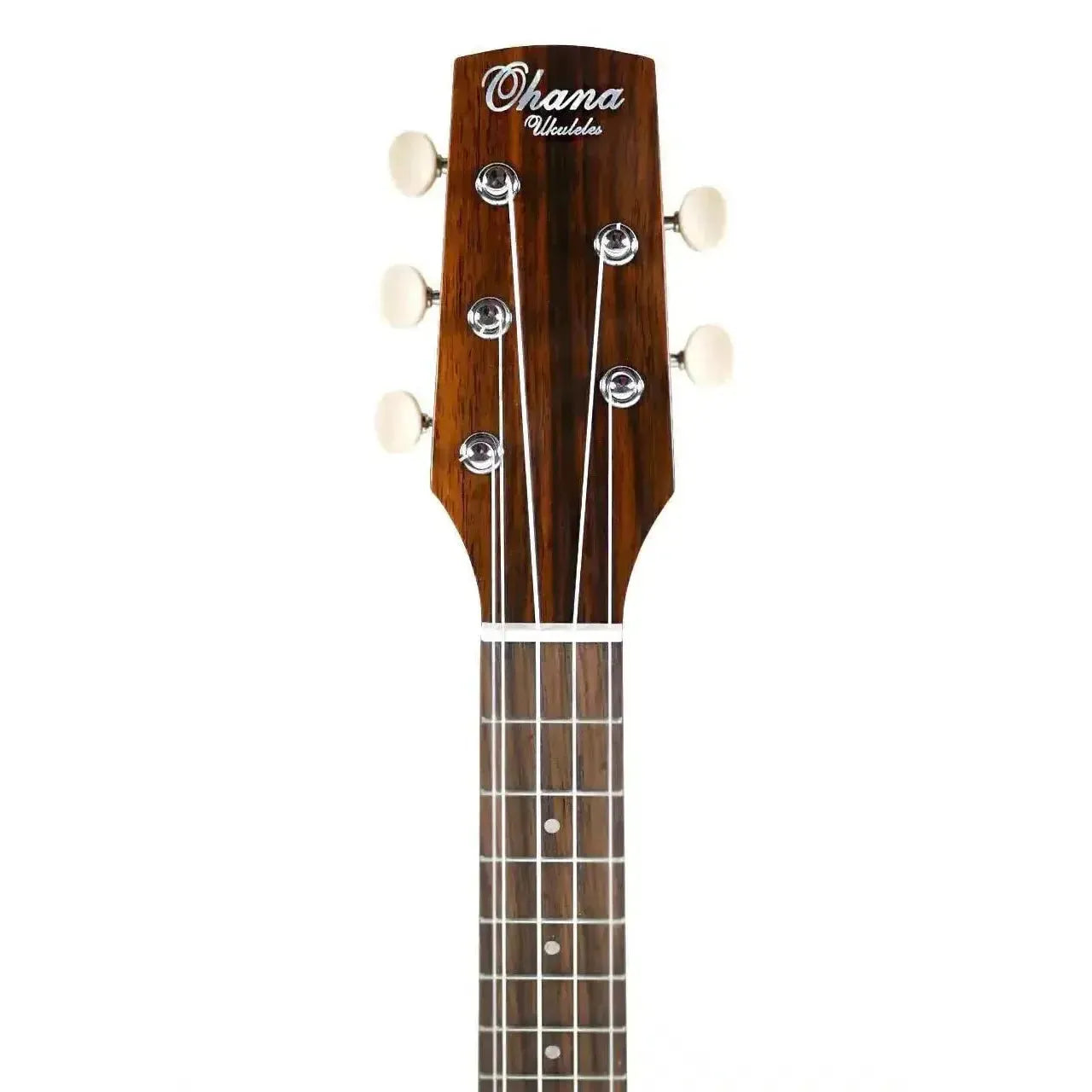 Ohana CK-35G-5 5-string concert ukulele headstock, solid mahogany with white tuners and logo.