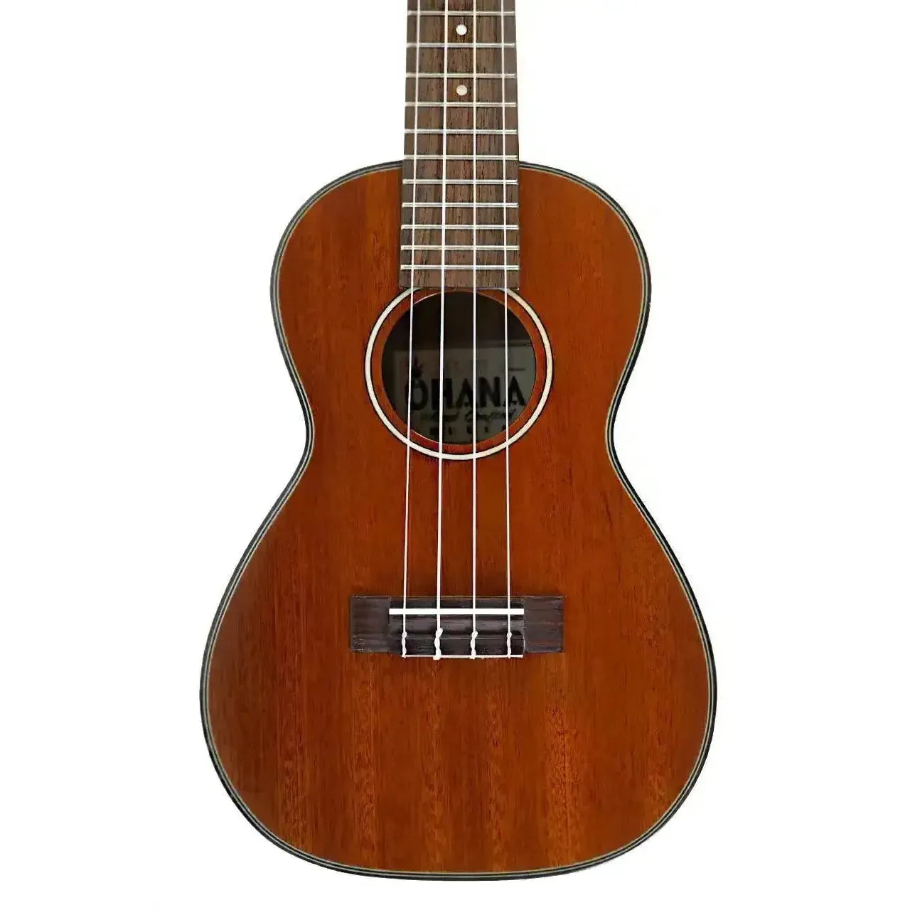 Ohana CK-35G Gloss Solid Mahogany Concert Ukulele with black-white-black rosette and white-black-white purfling.