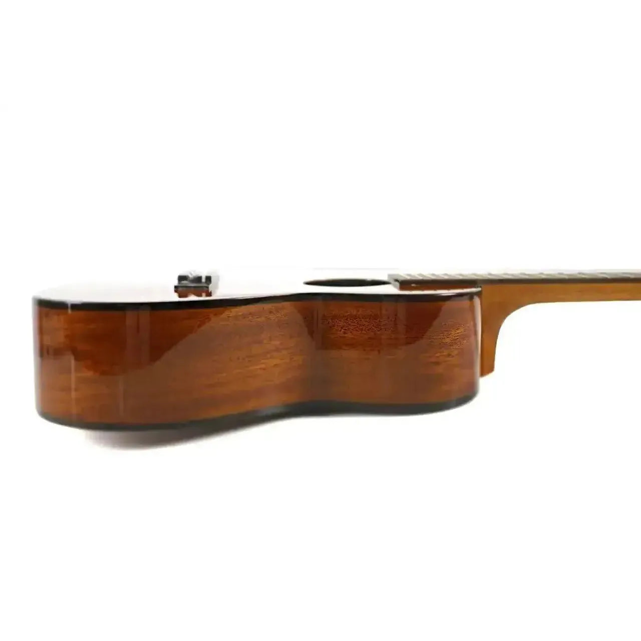 Ohana CK-35G Gloss Solid Mahogany Concert Ukulele, side view showing rich wood grain and gloss finish.