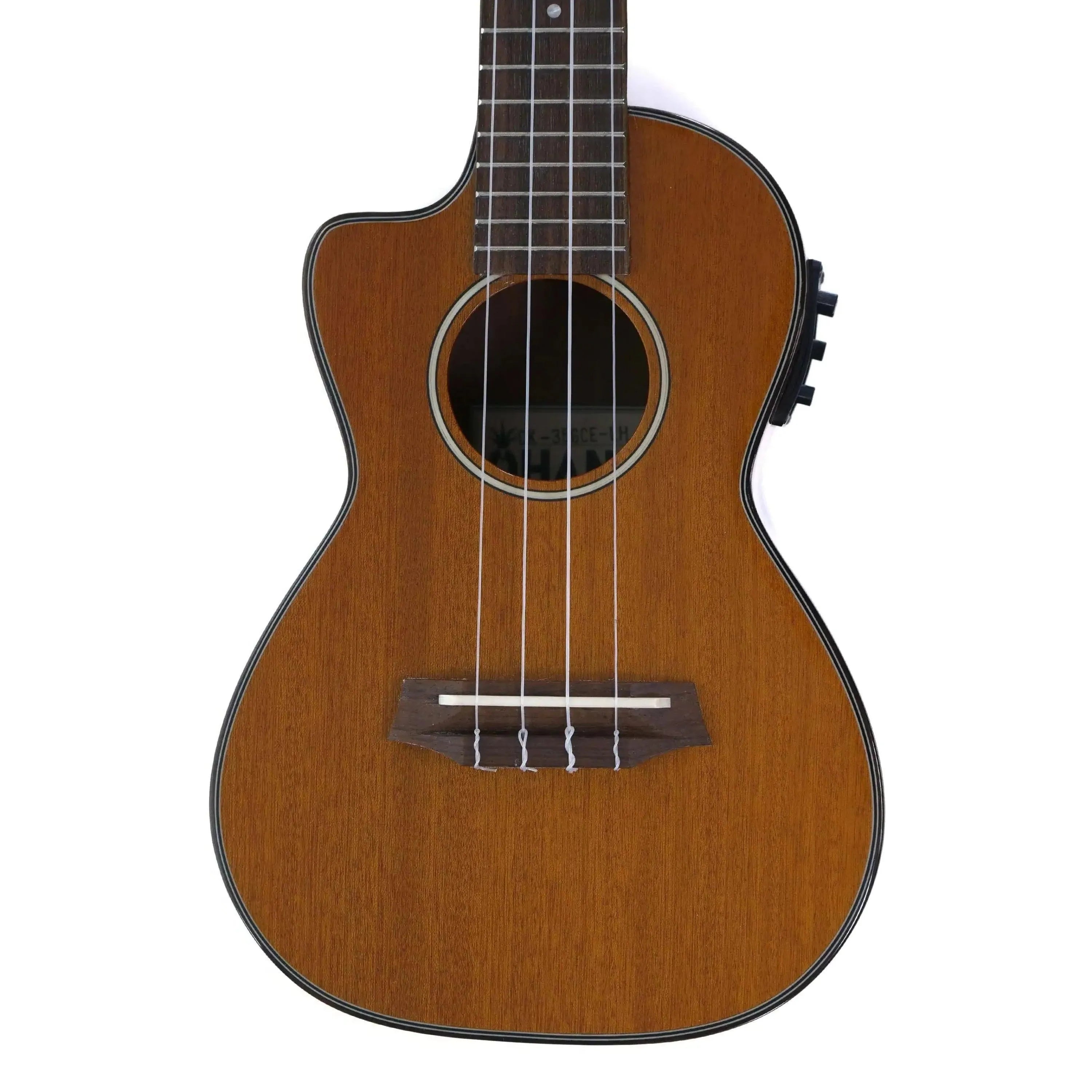 Ohana CK-35GCE-LH left-handed solid mahogany concert ukulele with cutaway and pickup.