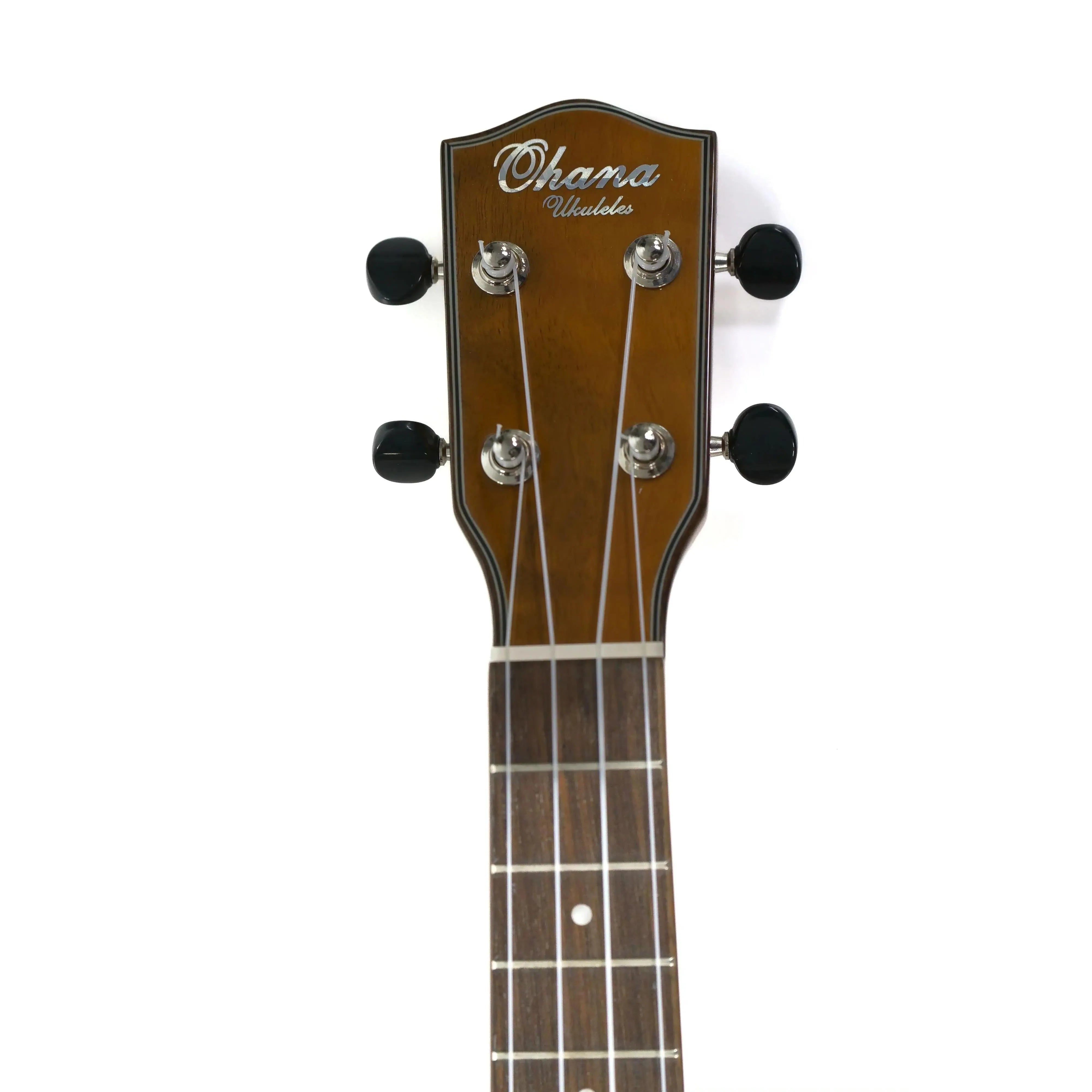 Ohana CK-35GCE-LH Left-Handed Concert Ukulele headstock with mahogany finish and black tuners.