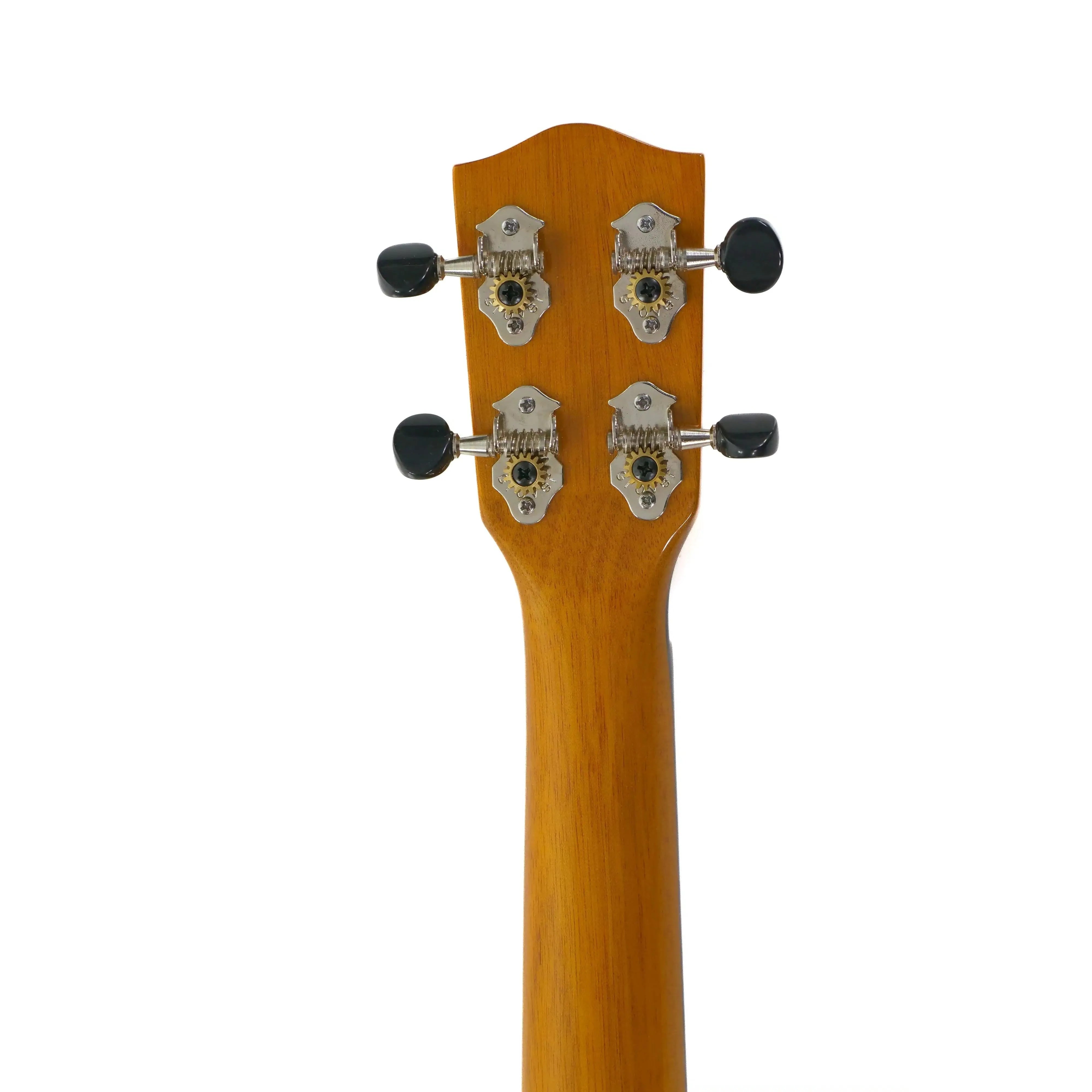 Ohana CK-35GCE-LH ukulele headstock and neck, solid mahogany with open-geared tuners.