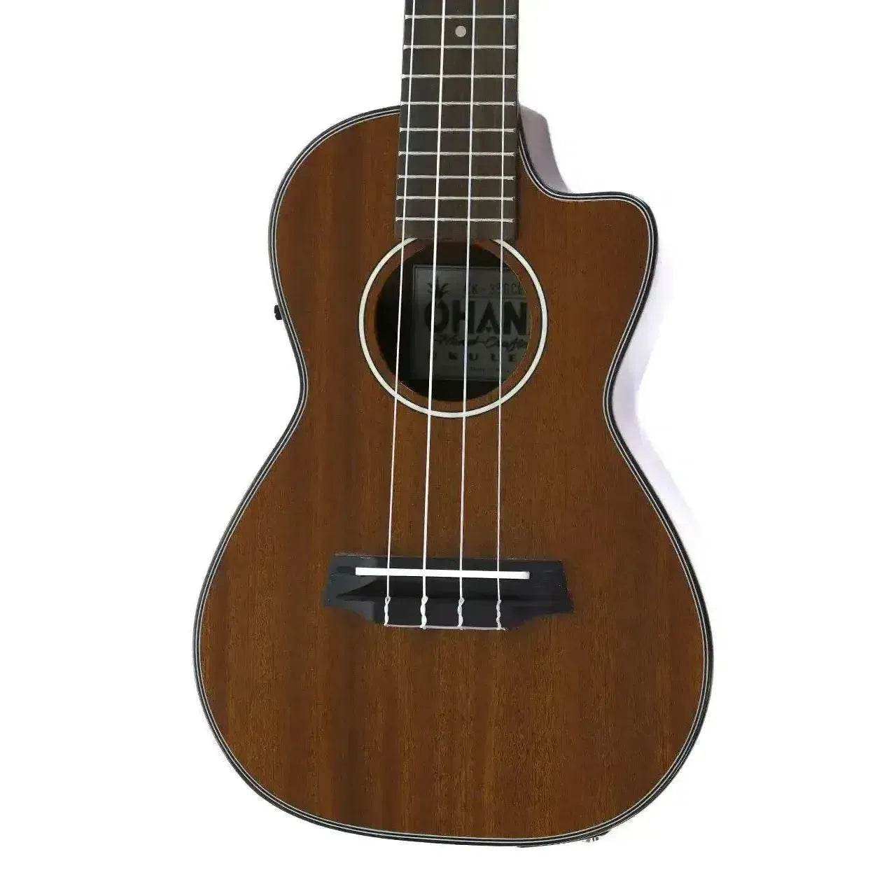 Ohana CK-35GCE solid mahogany concert ukulele with cut-away design and pickup.
