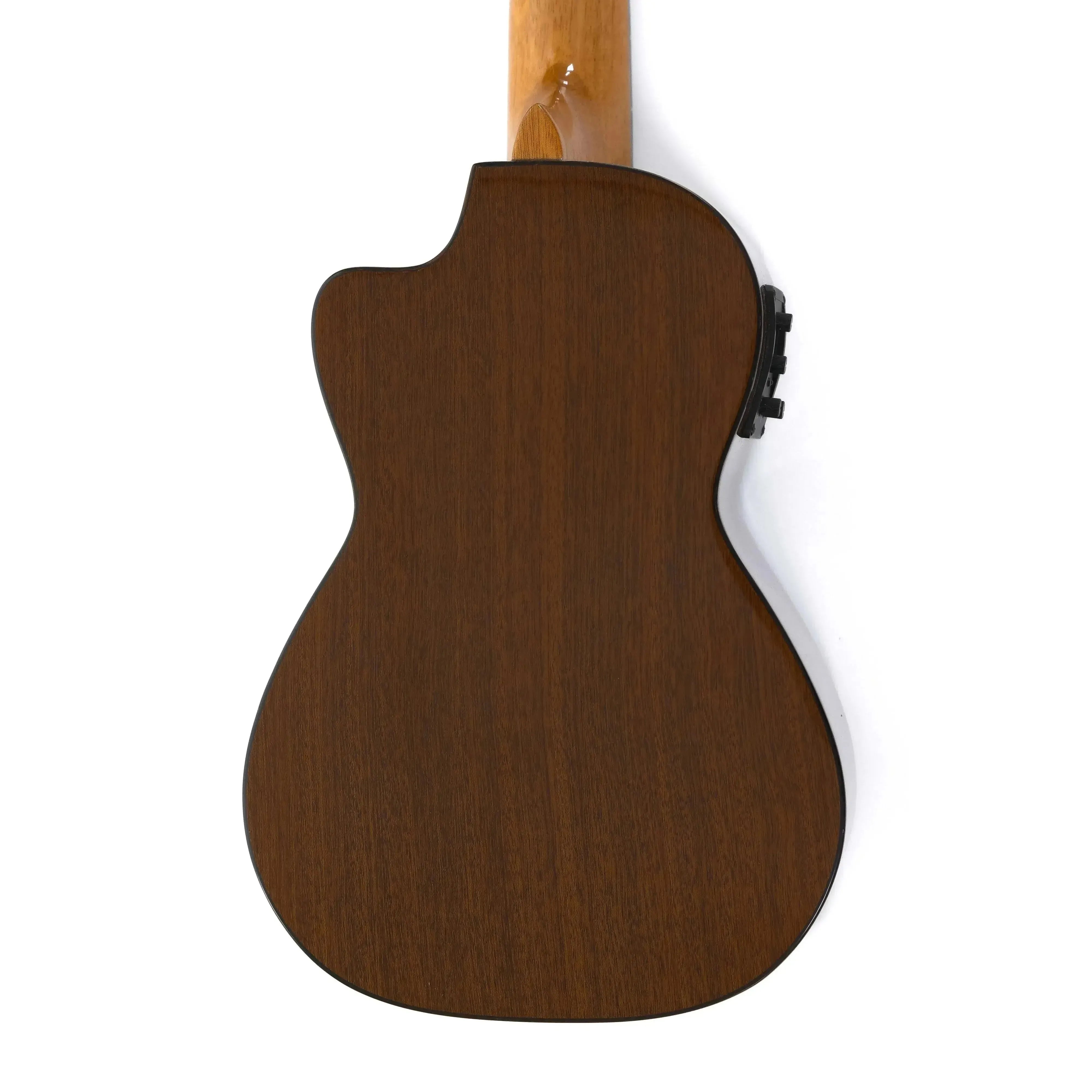 Ohana CK-35GCE solid mahogany concert ukulele back with cutaway and black pickup controls.