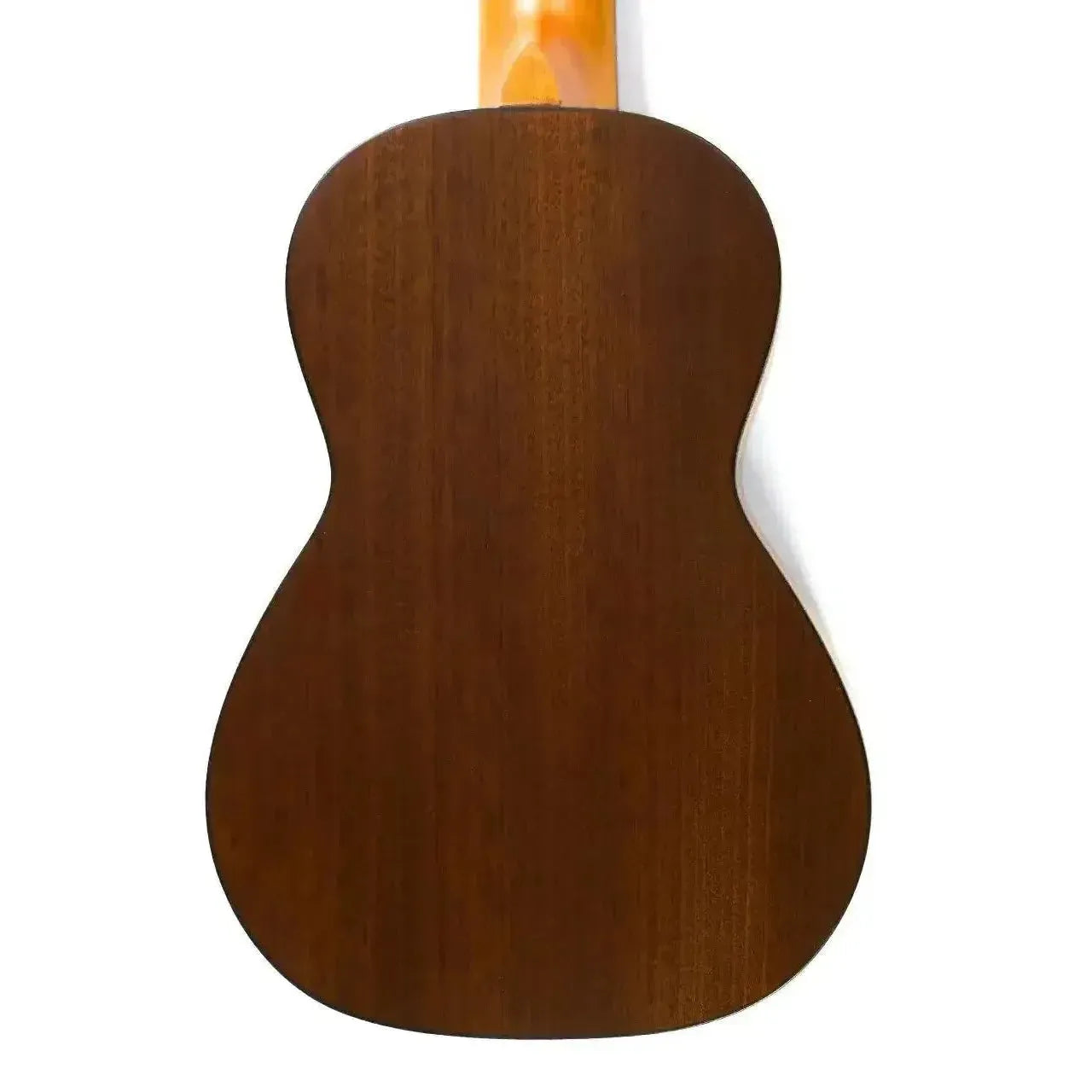 Back of an Ohana CK-35L Longneck Concert Ukulele, showcasing its solid mahogany wood with a satin finish.