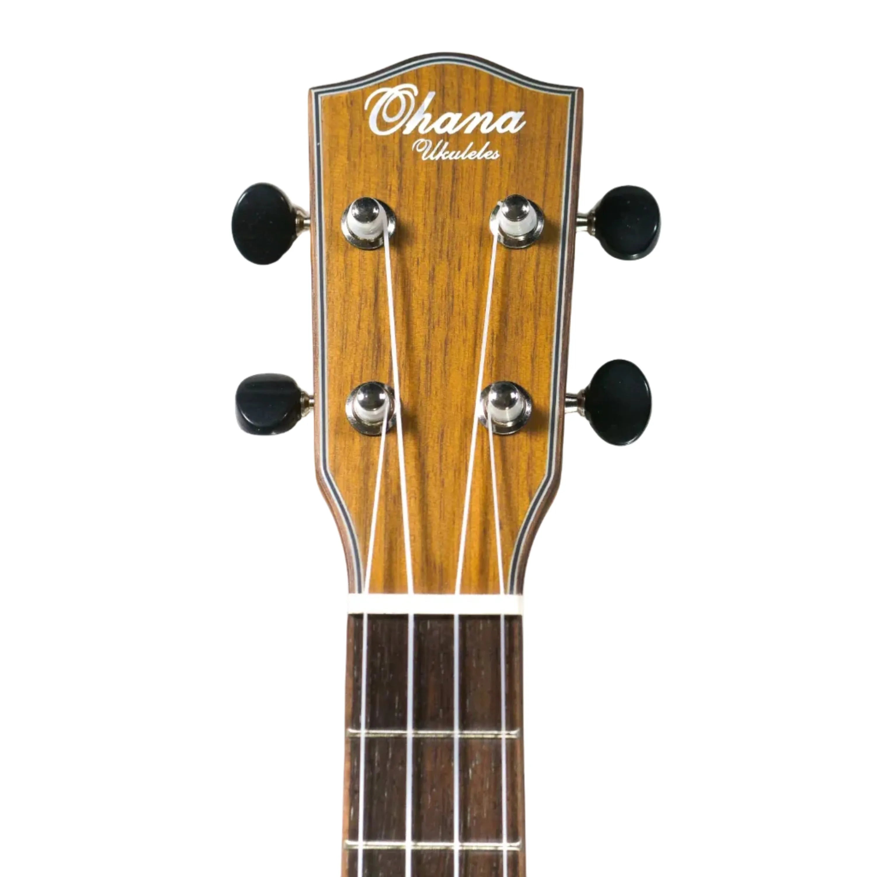 Ohana CK-35L longneck concert ukulele headstock, solid mahogany with Grover tuners and "Ohana Ukuleles" logo.