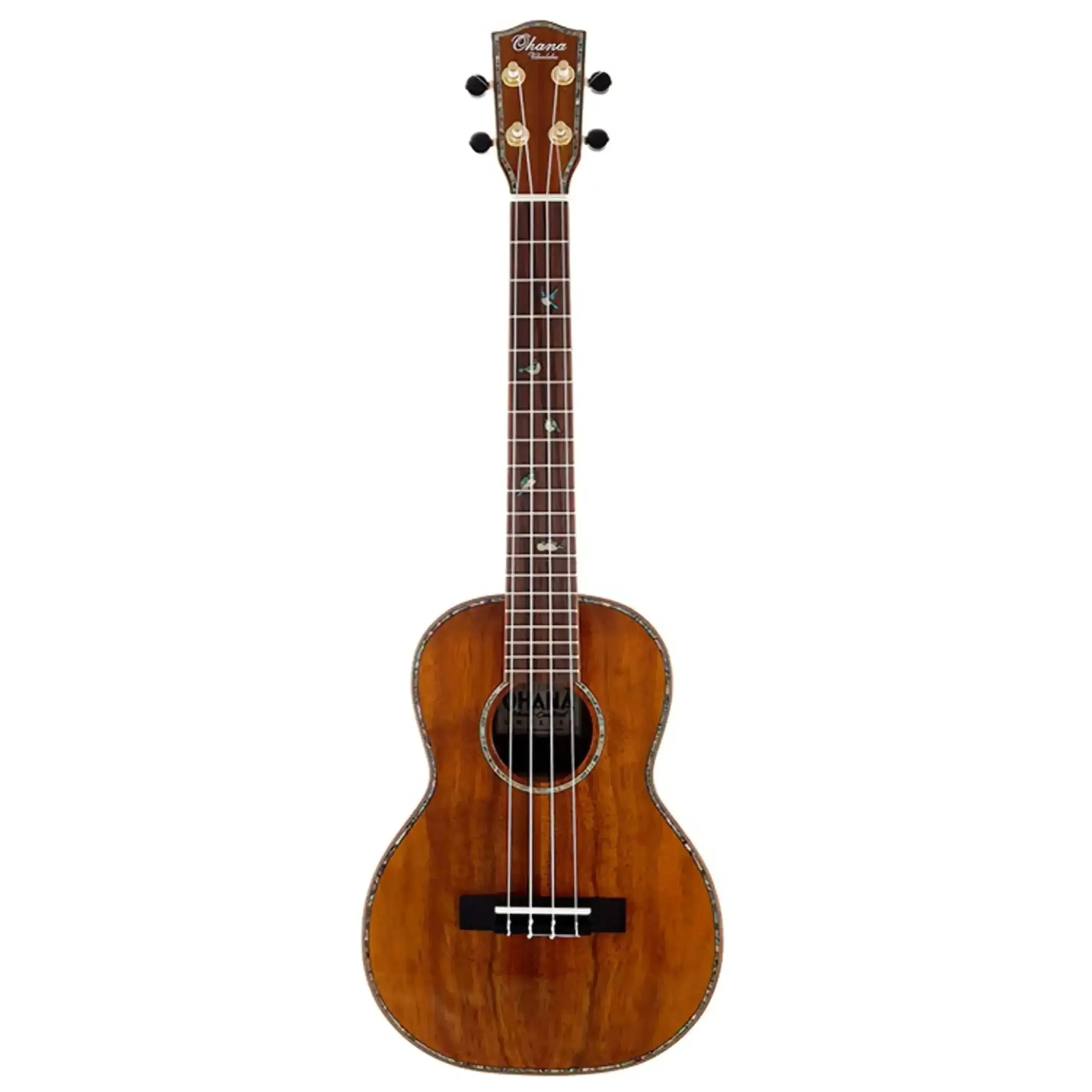 Ohana CK-370G Gloss Solid Koa Concert Ukulele with abalone inlays and gold tuners.