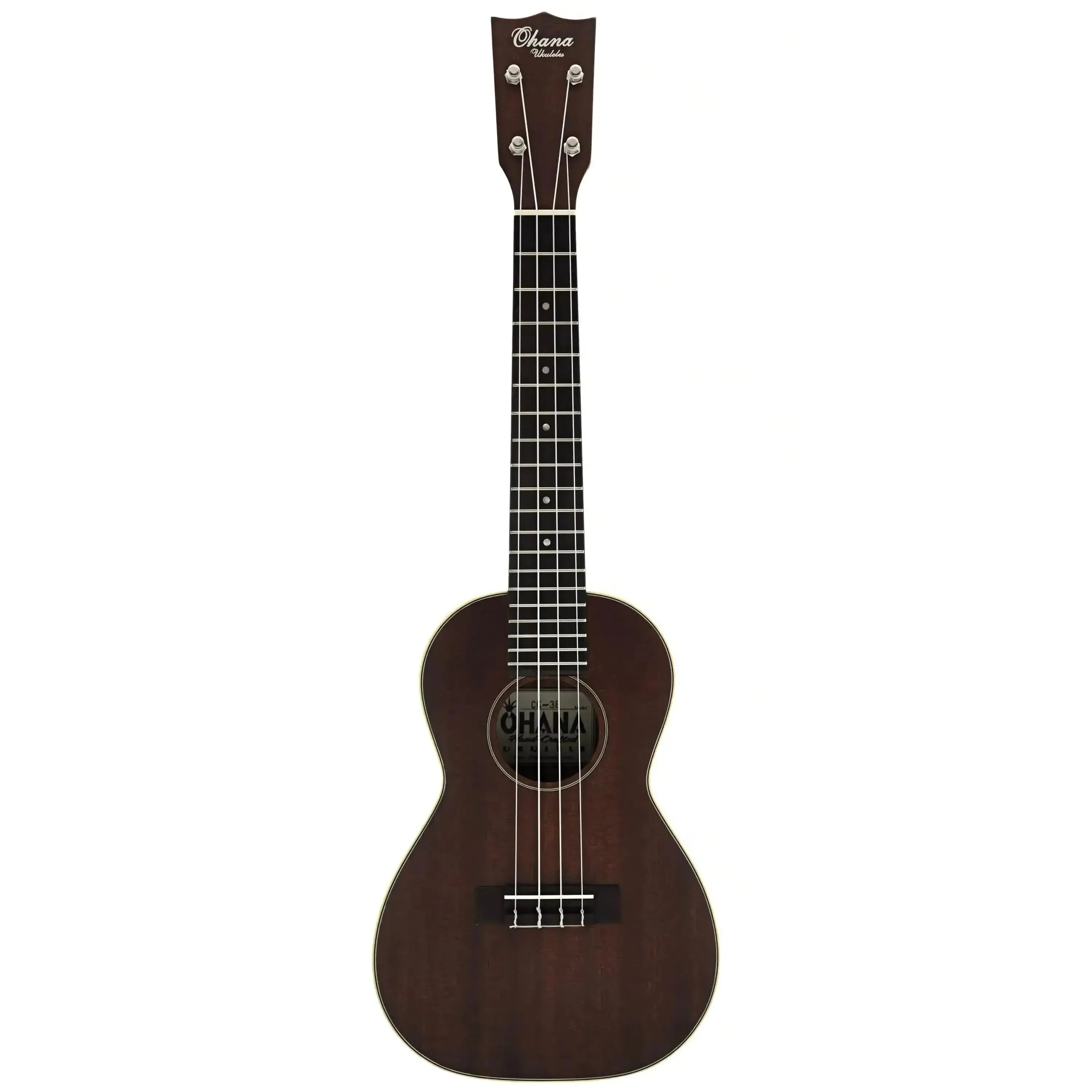 Ohana CK-38 Concert Ukulele, dark solid mahogany with cream binding and Gotoh tuners.