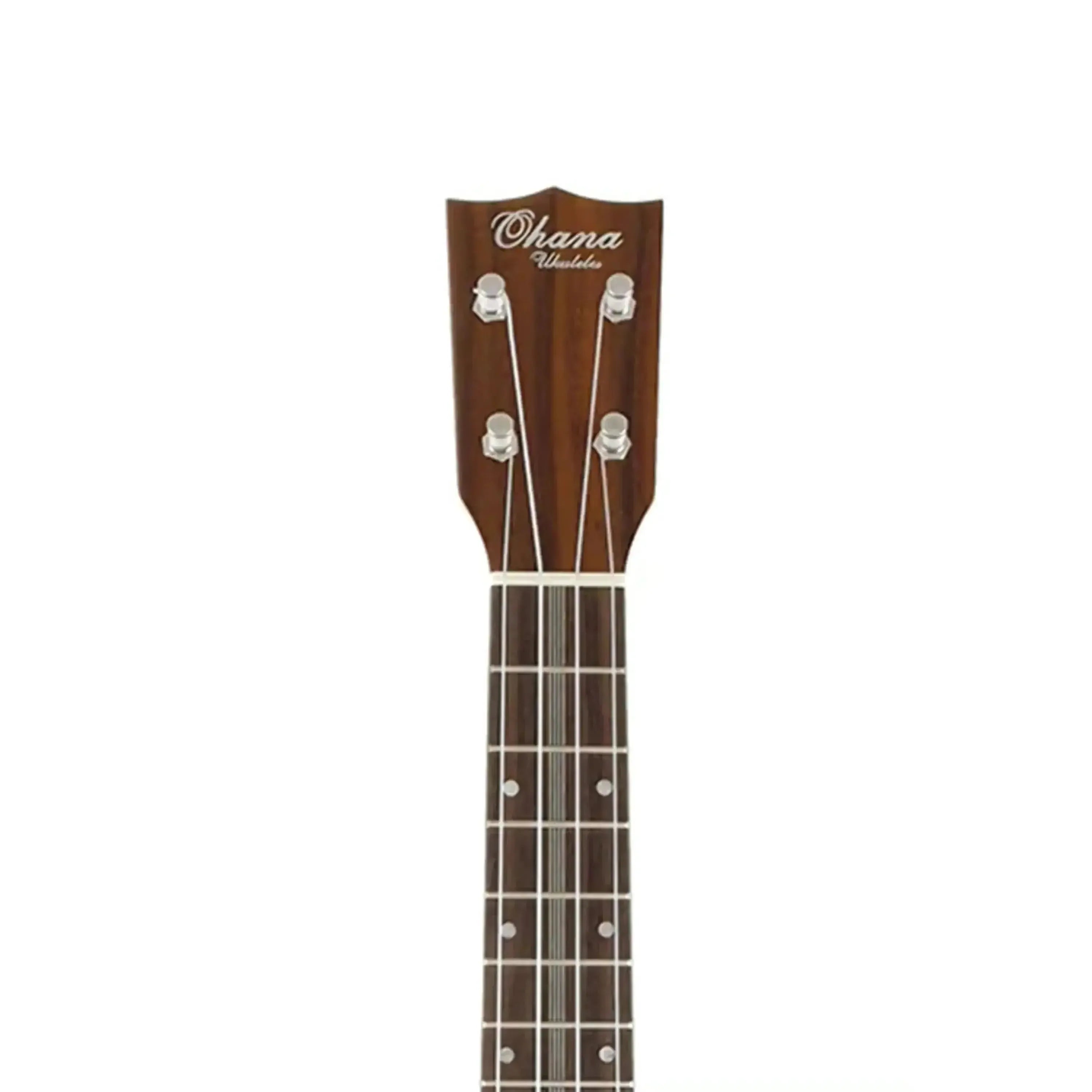 Ohana CK-390 Concert Ukulele headstock with Gotoh tuners and dark koa wood.